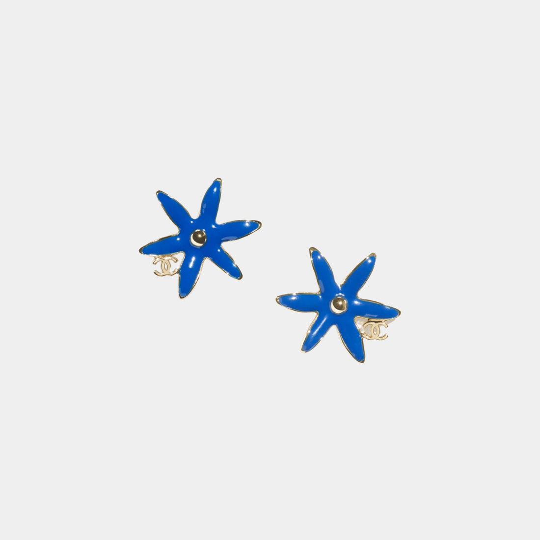 Chanel Star Flower Stud Earrings in Metal & Resin, Gold & Blue, Front