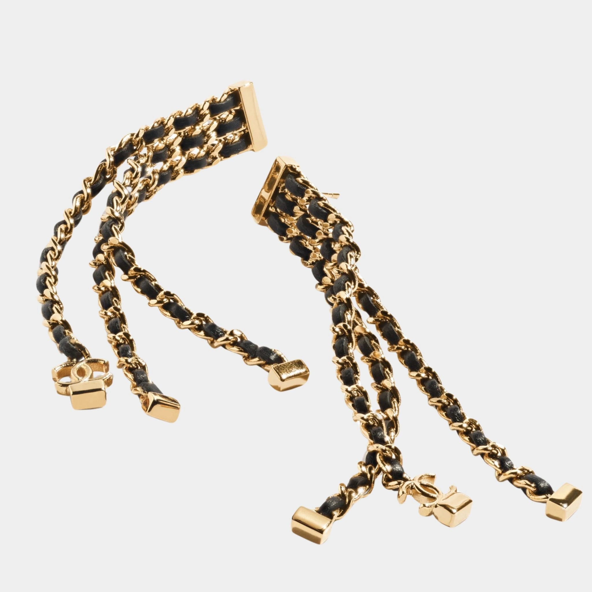 Chanel Strings Pendant Earrings Metal &amp; Lambskin Golden &amp; Black