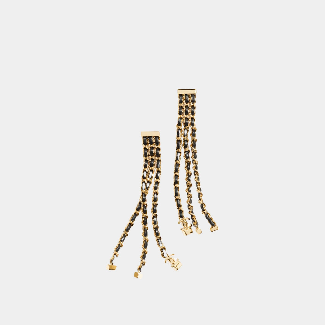 Chanel Strings Pendant Earrings Metal &amp; Lambskin Golden &amp; Black
