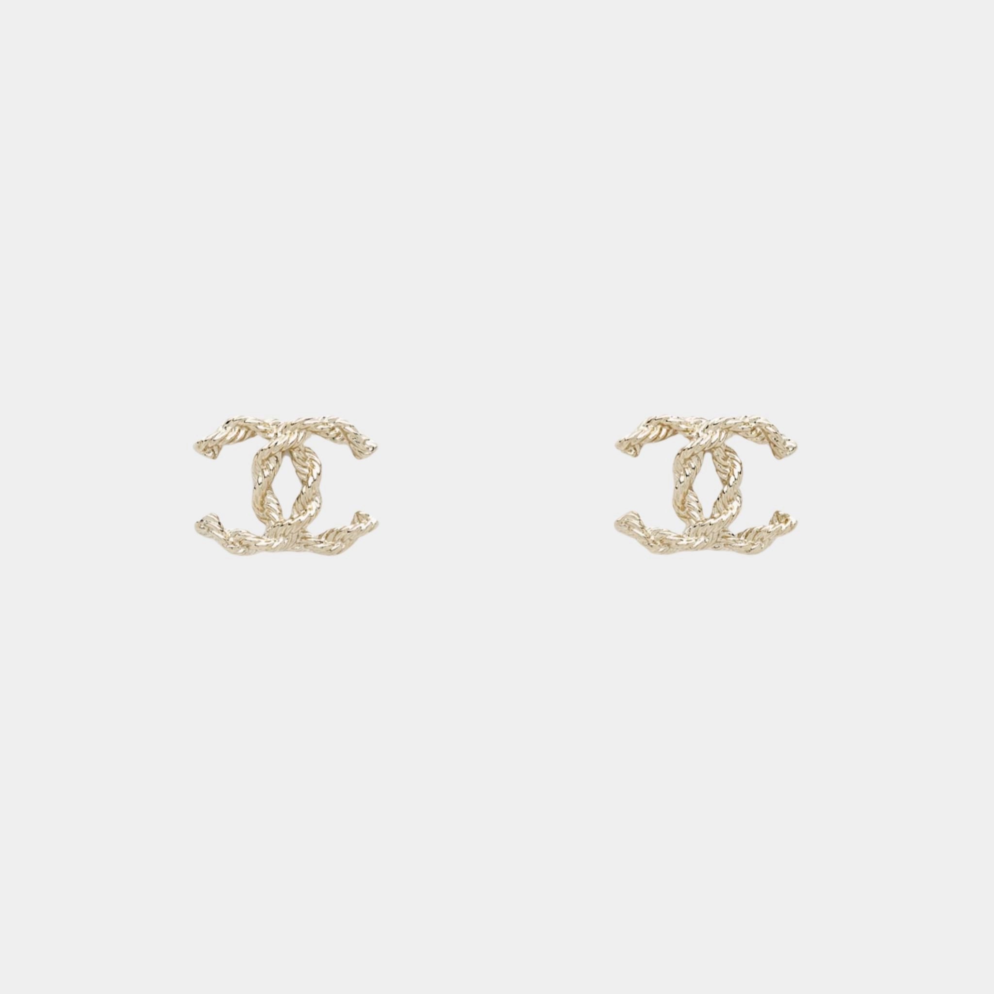 Chanel Stud Rope Chain Earrings Metal Gold