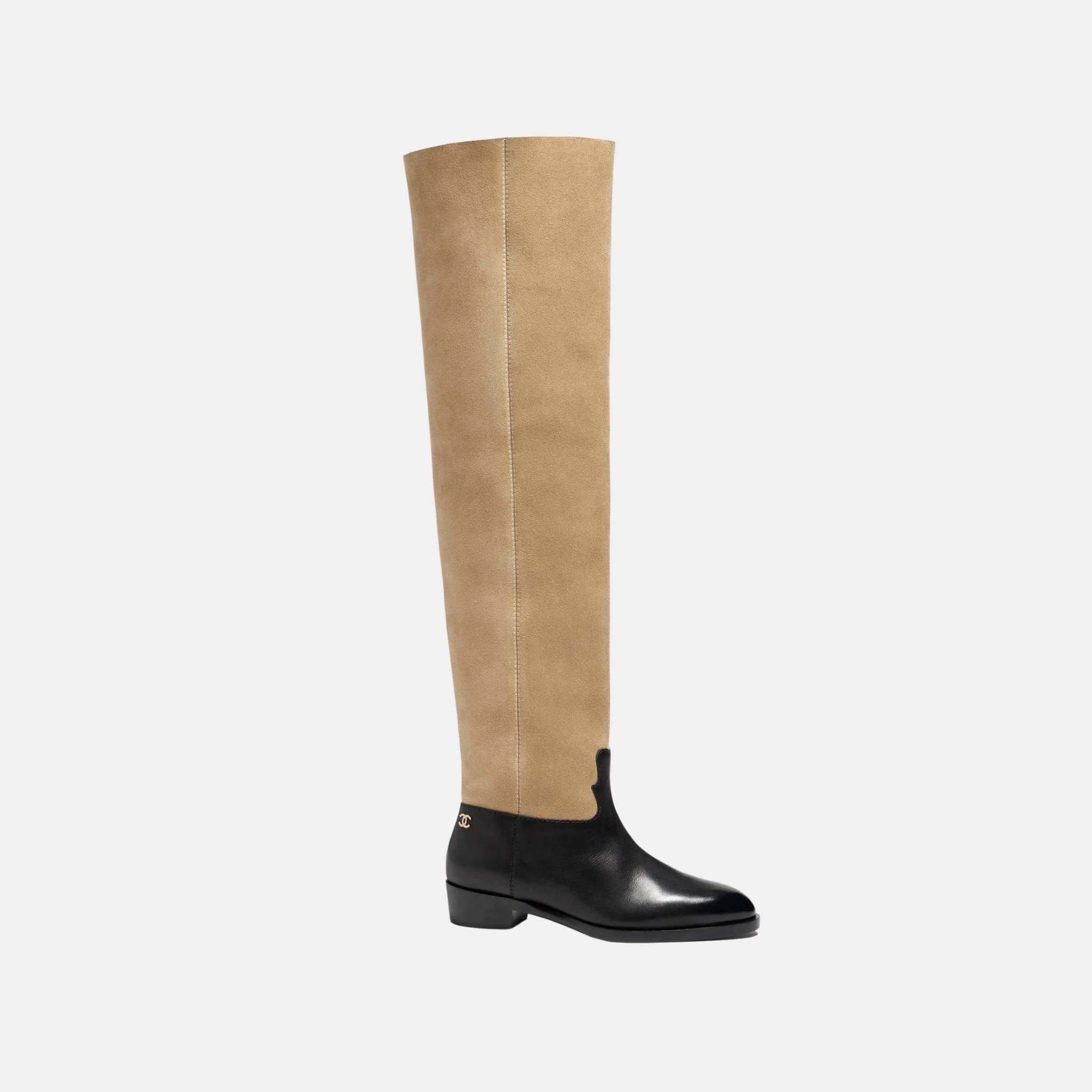 Chanel Thigh Boots In Velvet Calfskin And Calfskin, Beige, Side