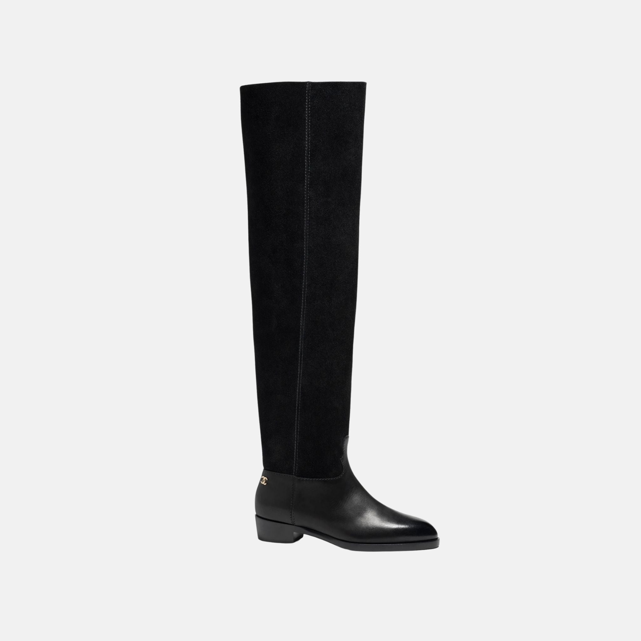 Chanel Thigh Boots In Velvet Calfskin And Calfskin, Black, Front