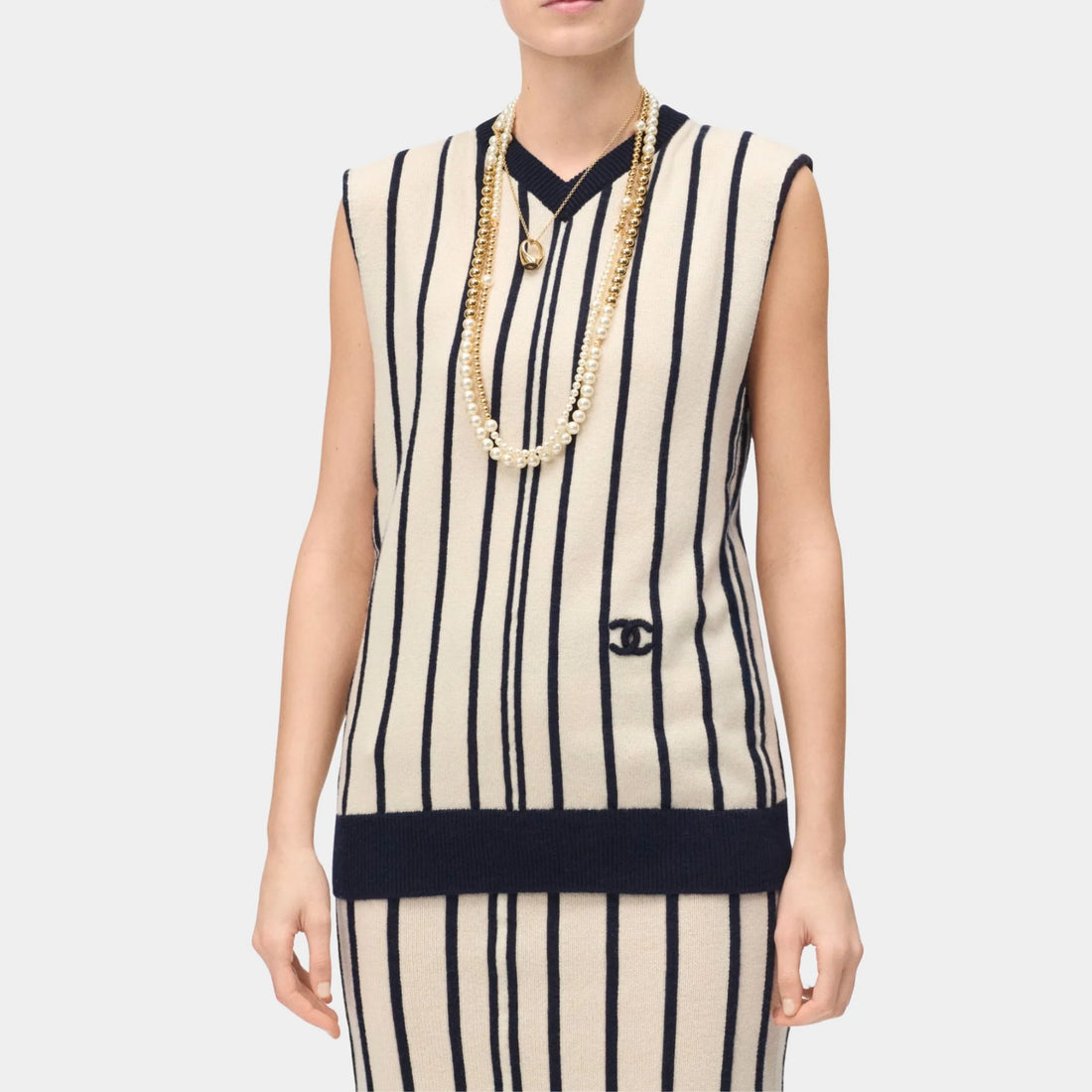 Chanel Top Cashmere &amp; Wool Ecru &amp; Dark Navy Blue