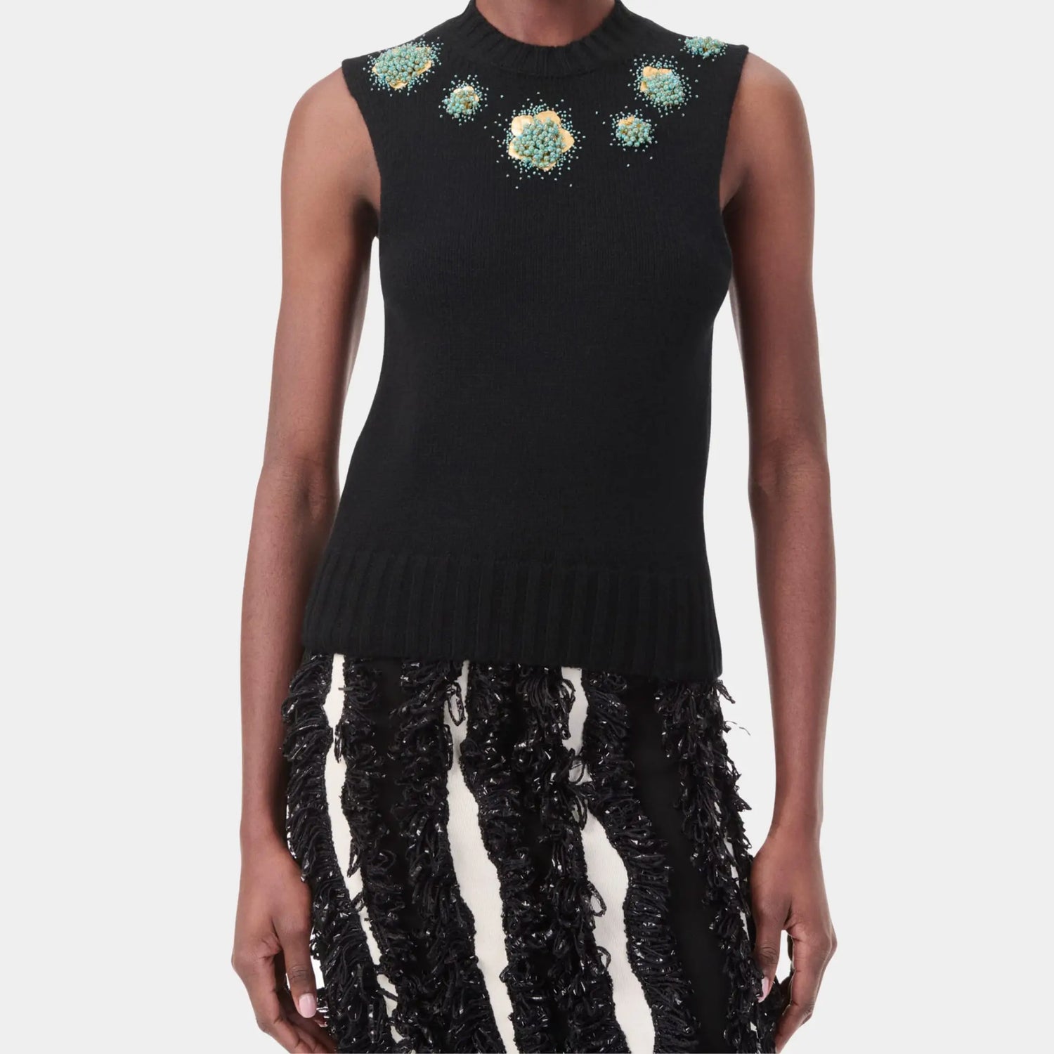 Chanel Top Embroidered Cashmere in Black Turquoise &amp; Gold, Front