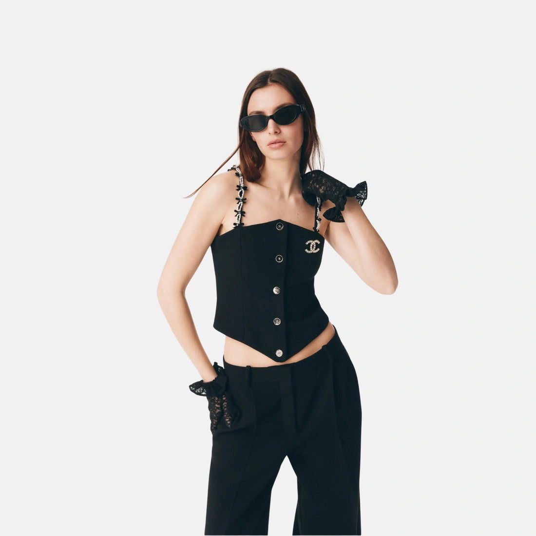 Chanel Top in Wool Crepe with Imitation Pearls, Front