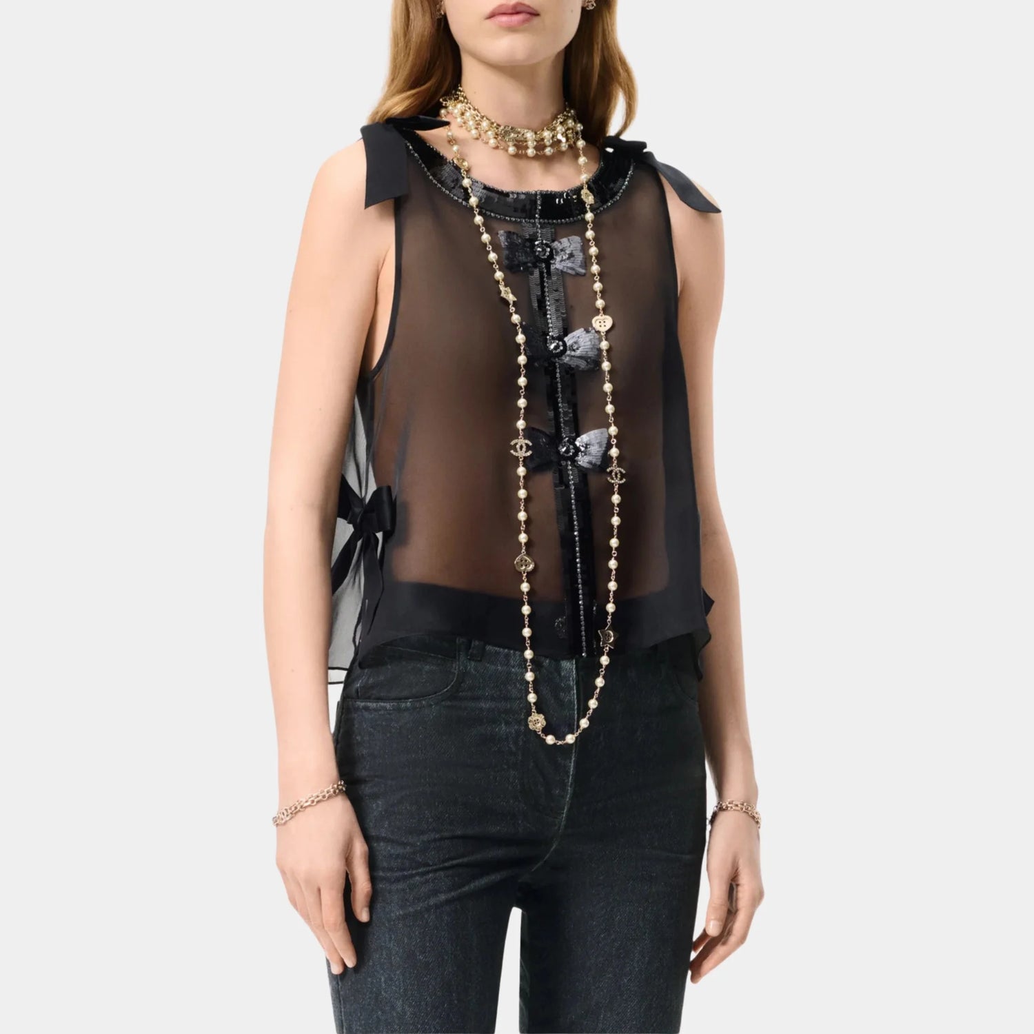 Chanel Top in Silk Organza Embroidered with Sequins, Black, Front