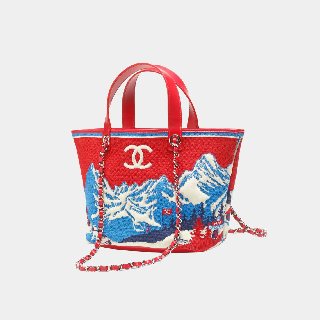 Chanel Tote Knit Calfskin & Gold-Tone Metal Red Blue & White