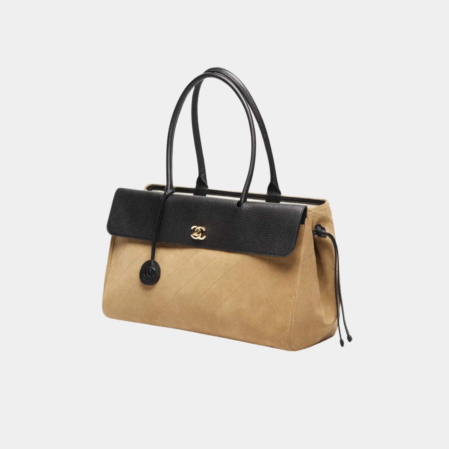 Chanel Tote in Suede &amp; Grained Calfskin, Dark Beige, Black, Front Side