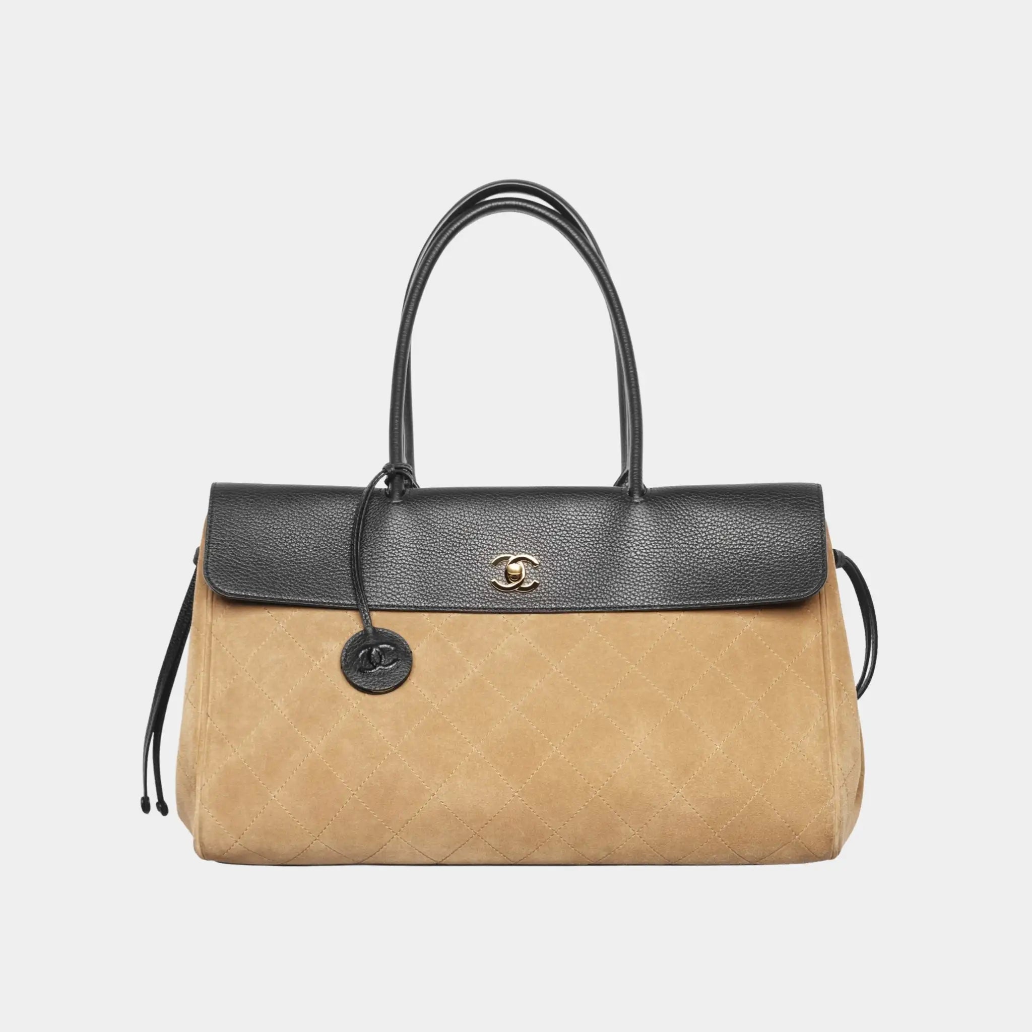 Chanel Tote in Suede &amp; Grained Calfskin, Dark Beige, Black, Front