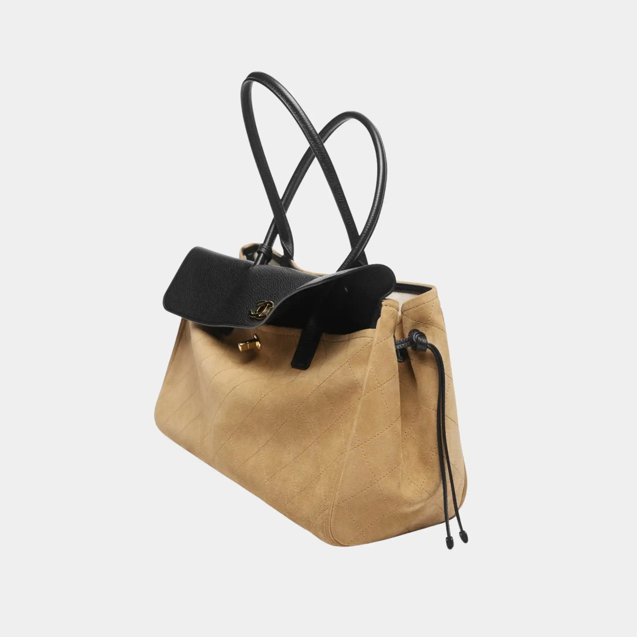 Chanel Tote in Suede &amp; Grained Calfskin, Dark Beige, Black, Side