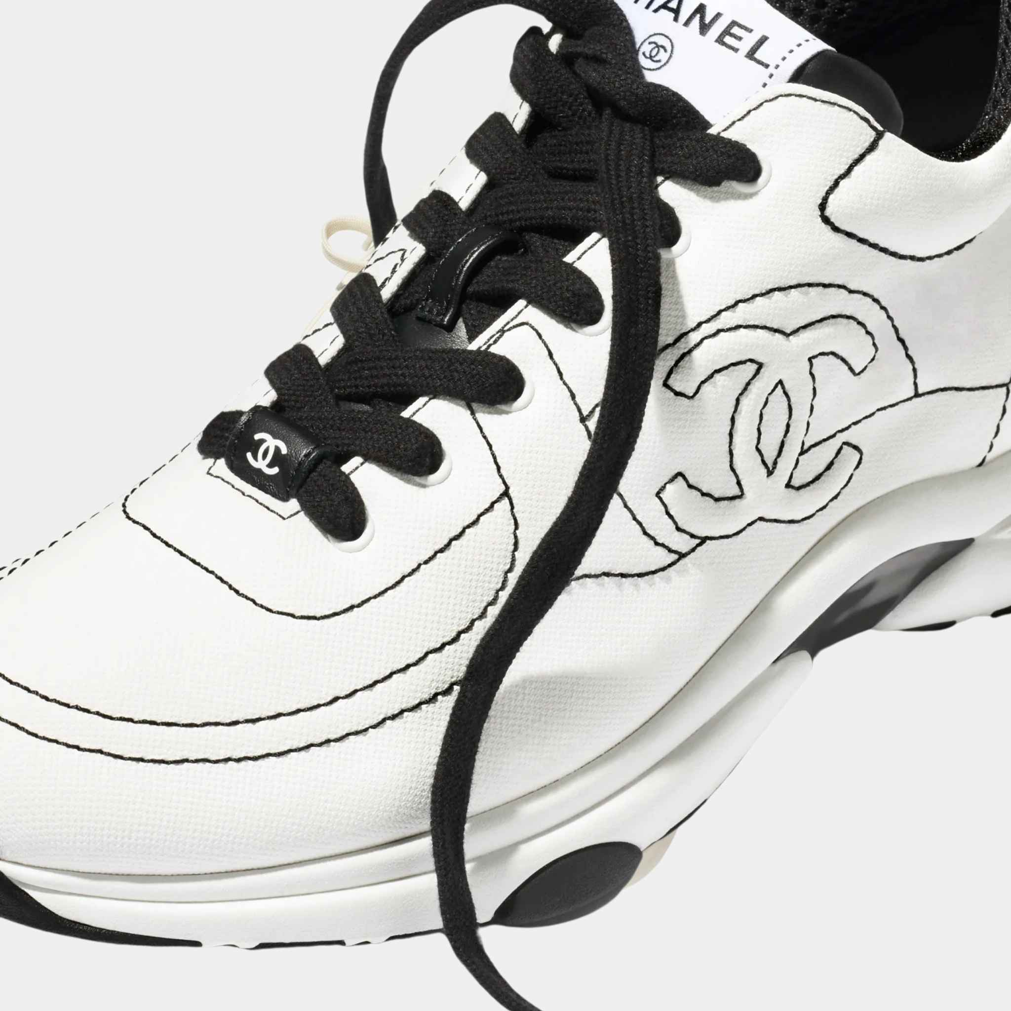 Chanel Trainers Cotton White And Black, Closeup