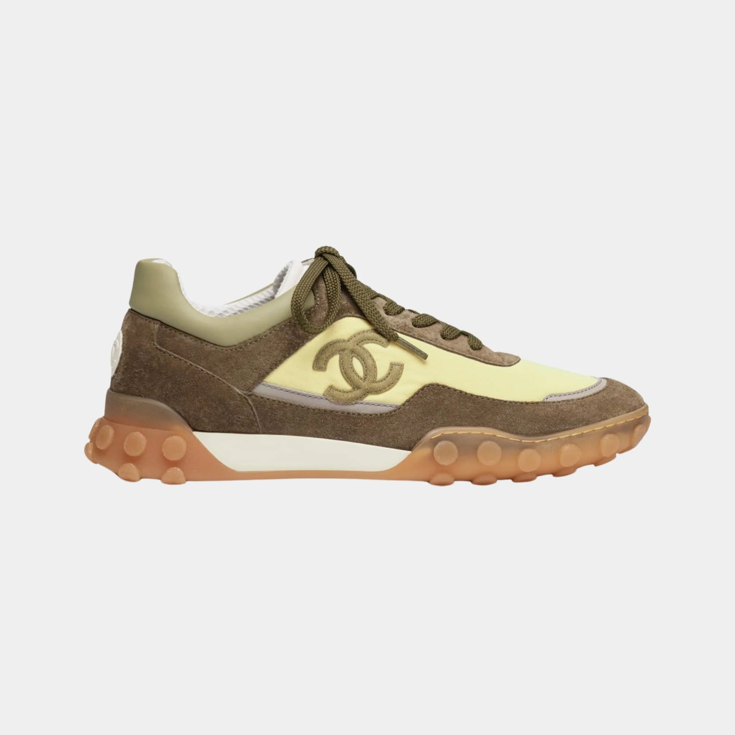 Chanel Trainers in Mixed Fibers Suede &amp; Calfskin, Light Yellow Khaki, Side