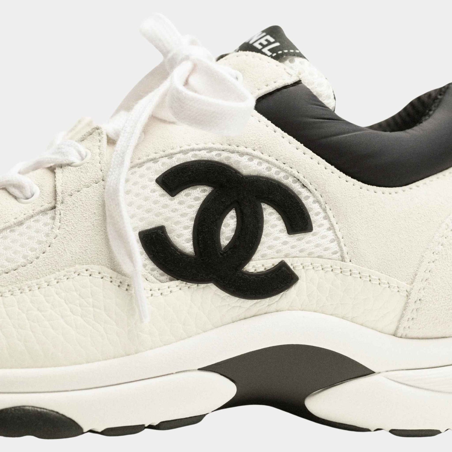 Chanel Trainers Mesh Suede Calfskin Grained Calfskin White And Black, Closeup logo