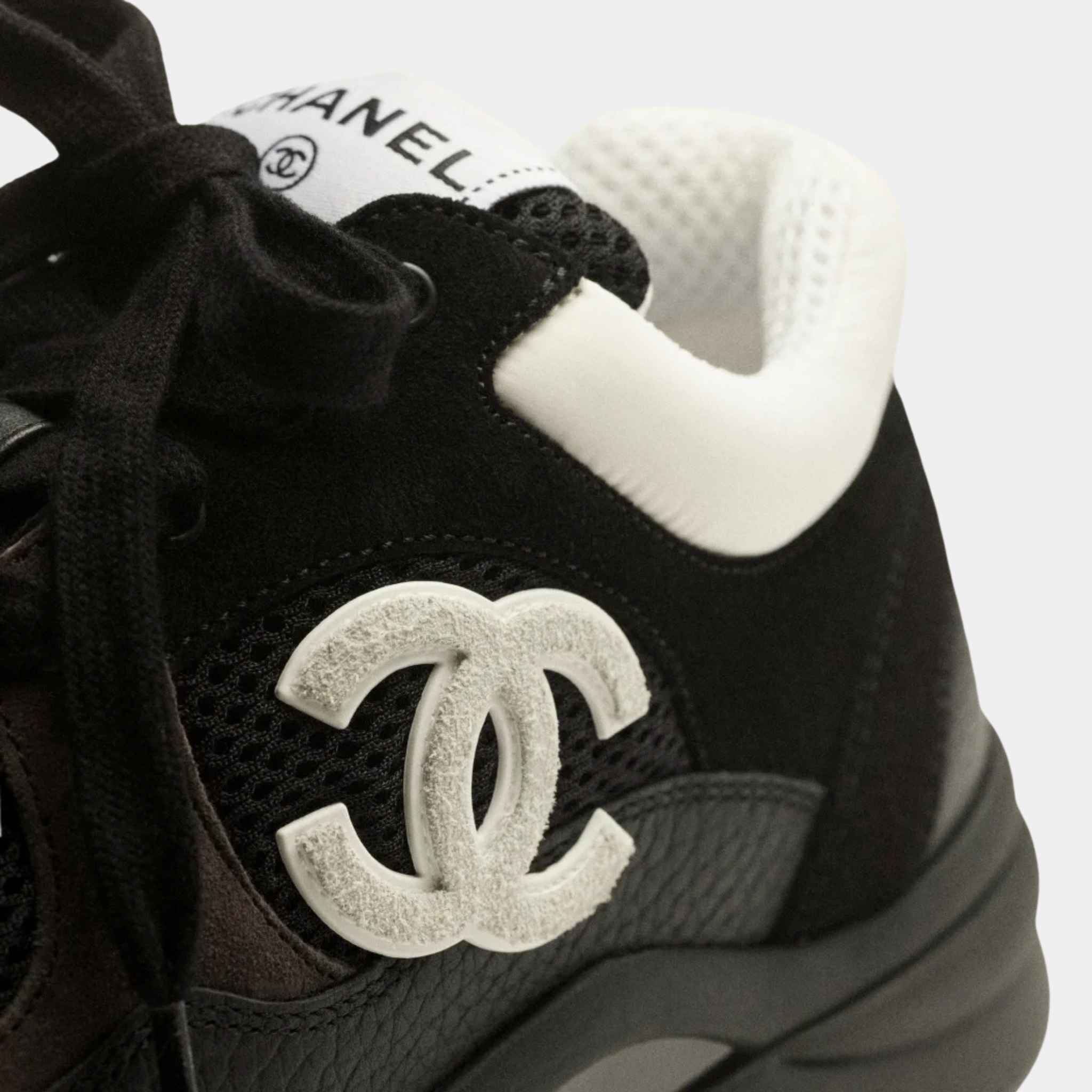 Chanel Trainers In Mesh Suede And Grained Calfskin, Black And White, Logo
