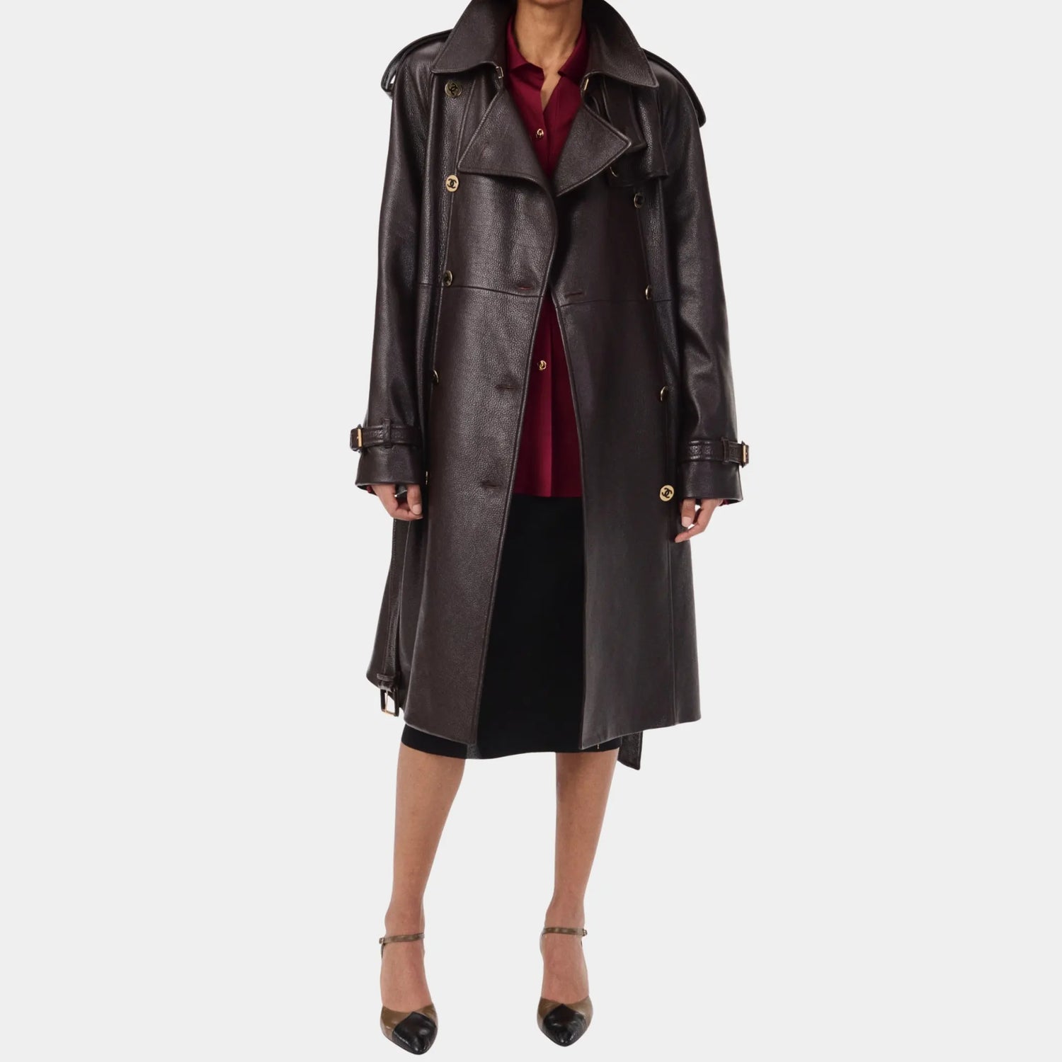 Chanel Trench Coat Shiny Grained Calfskin in Dark Brown, Front