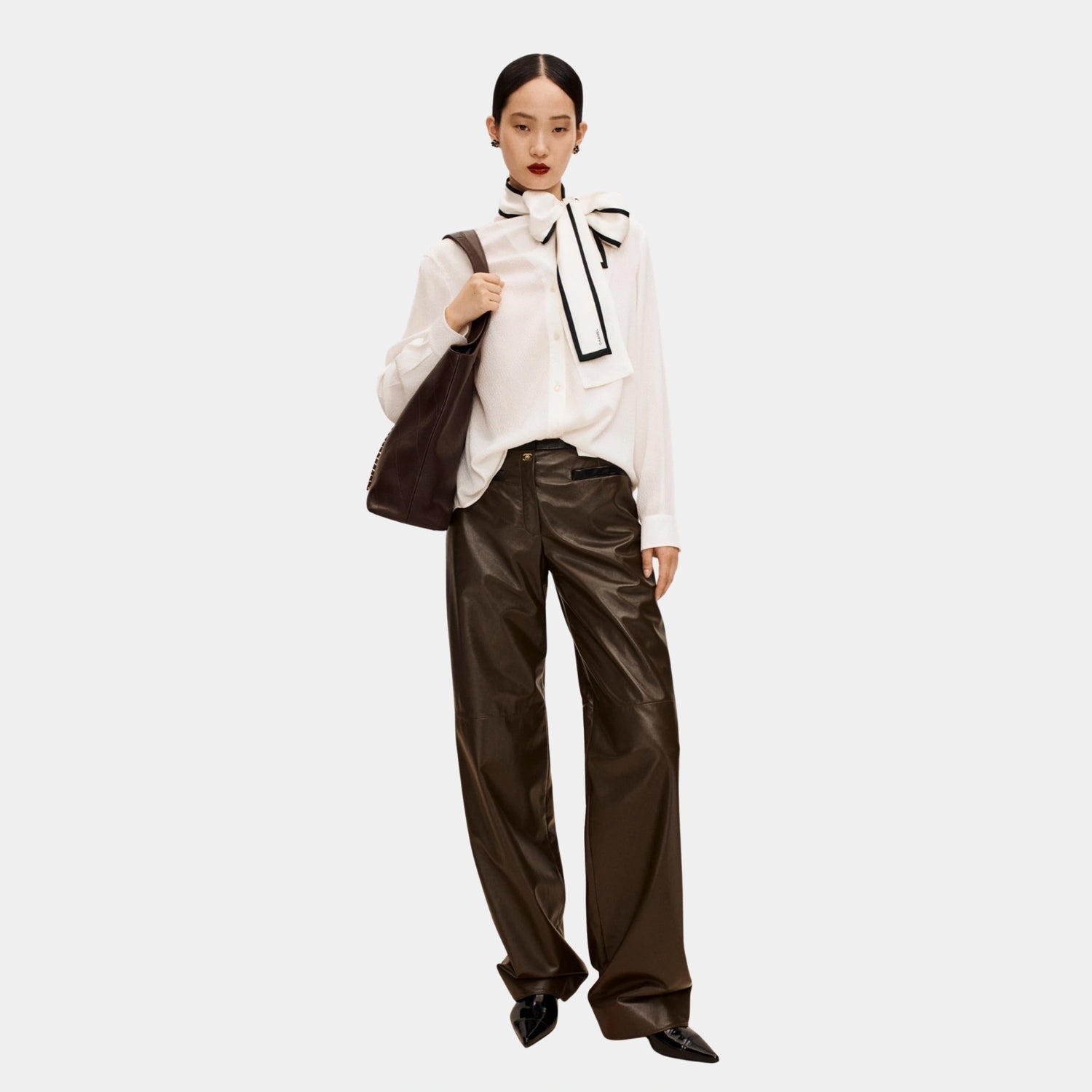 Chanel Trousers in Khaki and Black Lambskin, Khaki, Black, Model Front
