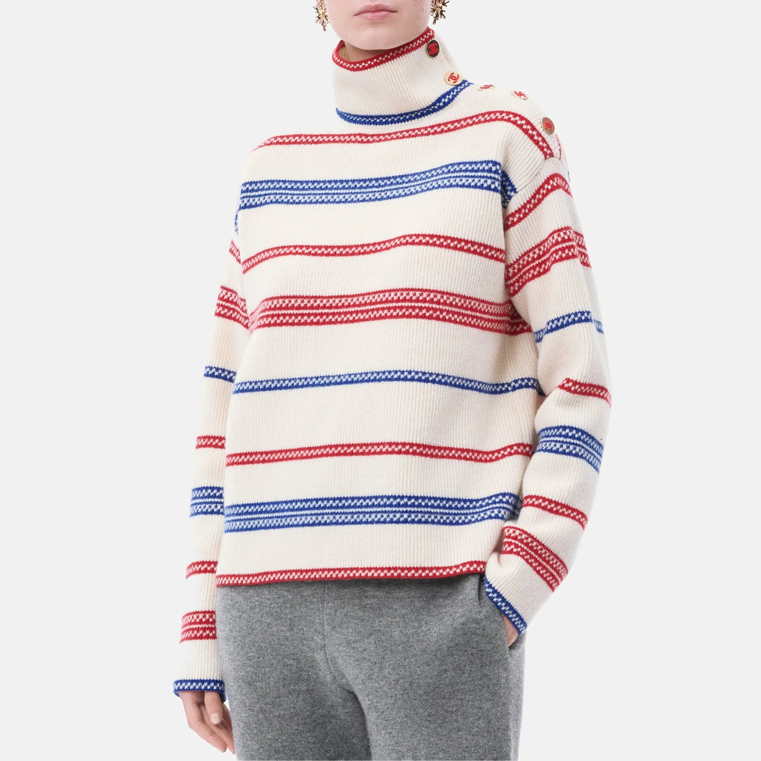 Chanel Turtleneck Wool &amp; Cashmere in White, Blue and Red, Coco Neige 2026, worn front view