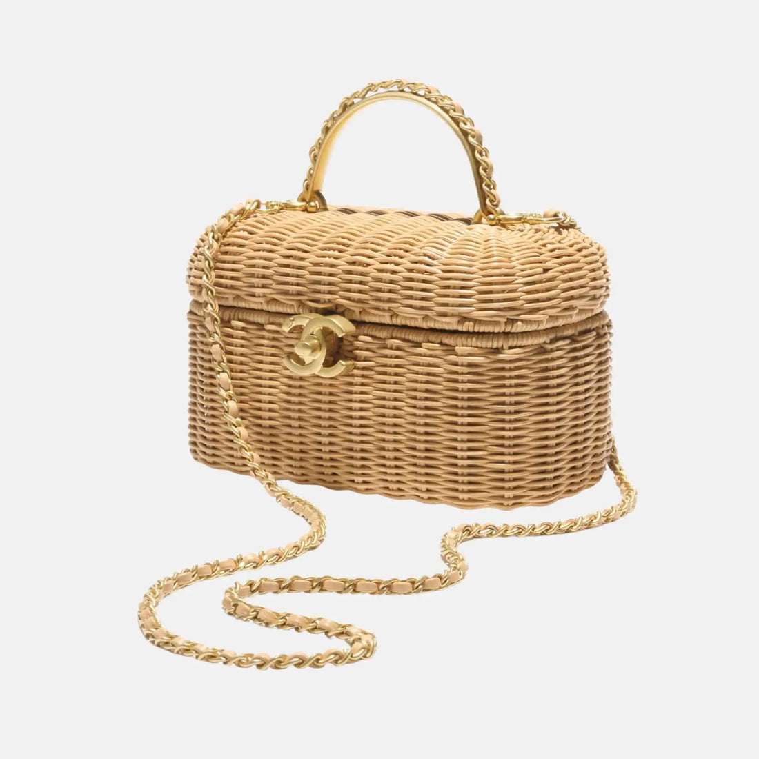 حقيبة تجميل Chanel من الروطان المجدول ومعدن بلون ذهبي بدرجة بيج، من الجانب