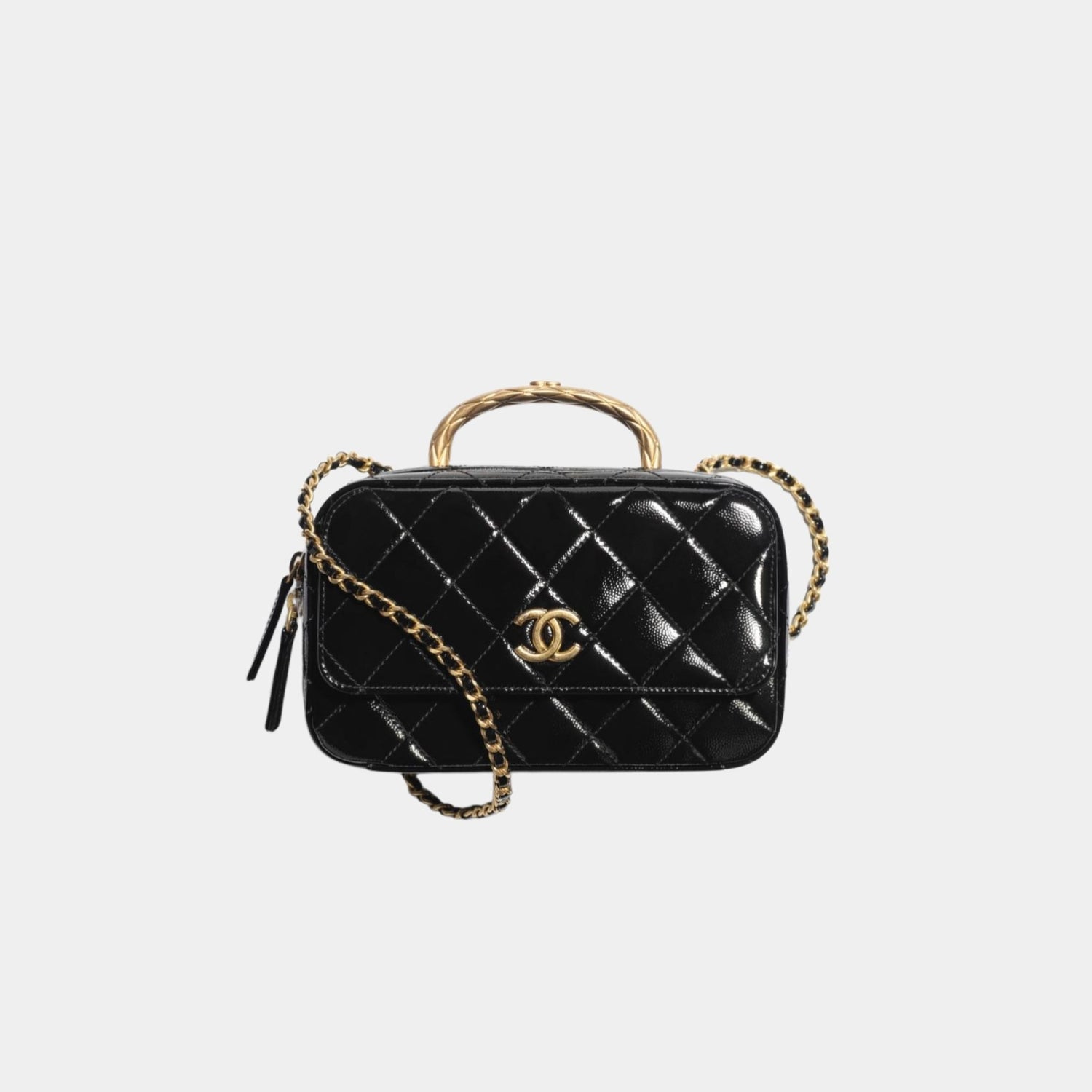 Chanel Vanity Case in Grained Patent Lambskin, Black, Front
