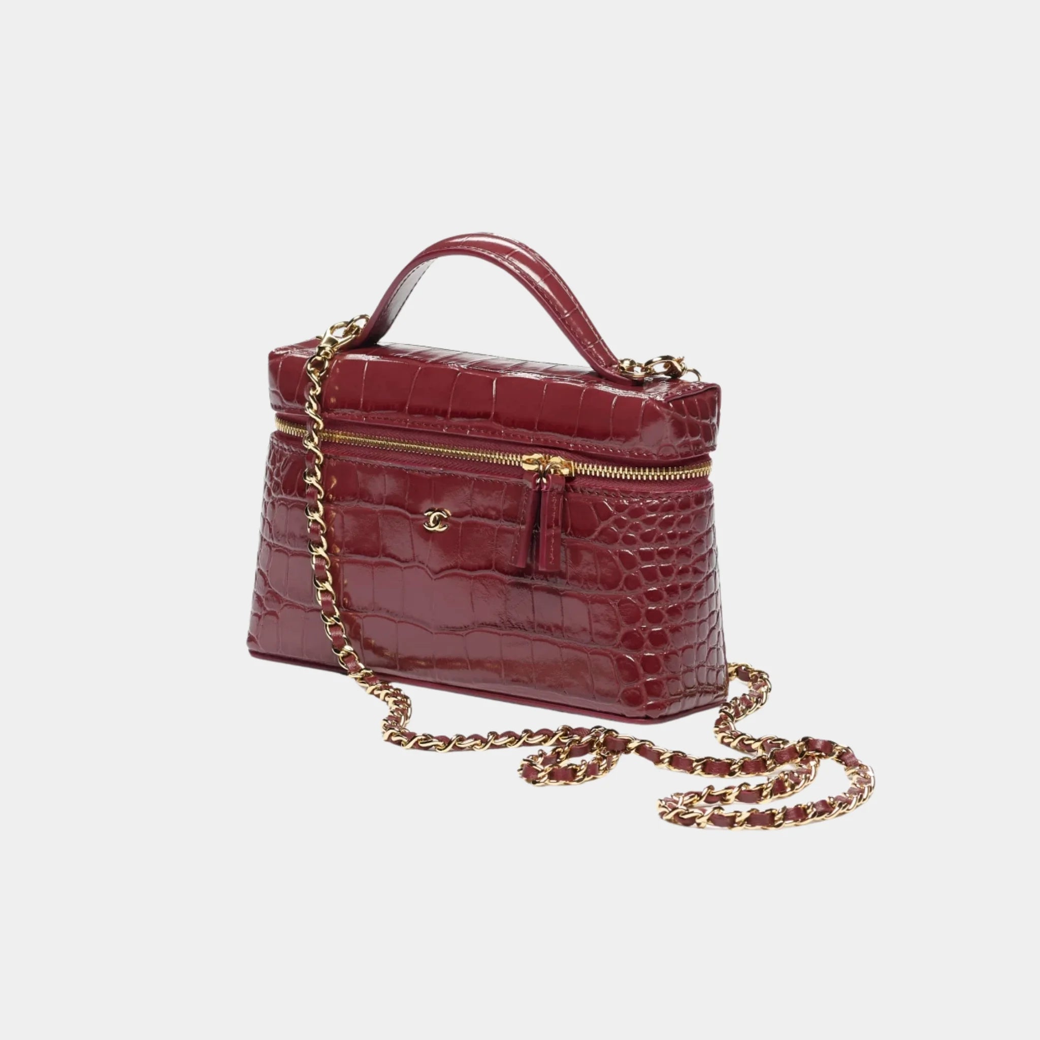 Chanel Vanity with Chain in Dark Burgundy Crocodile Embossed Calfskin, Side