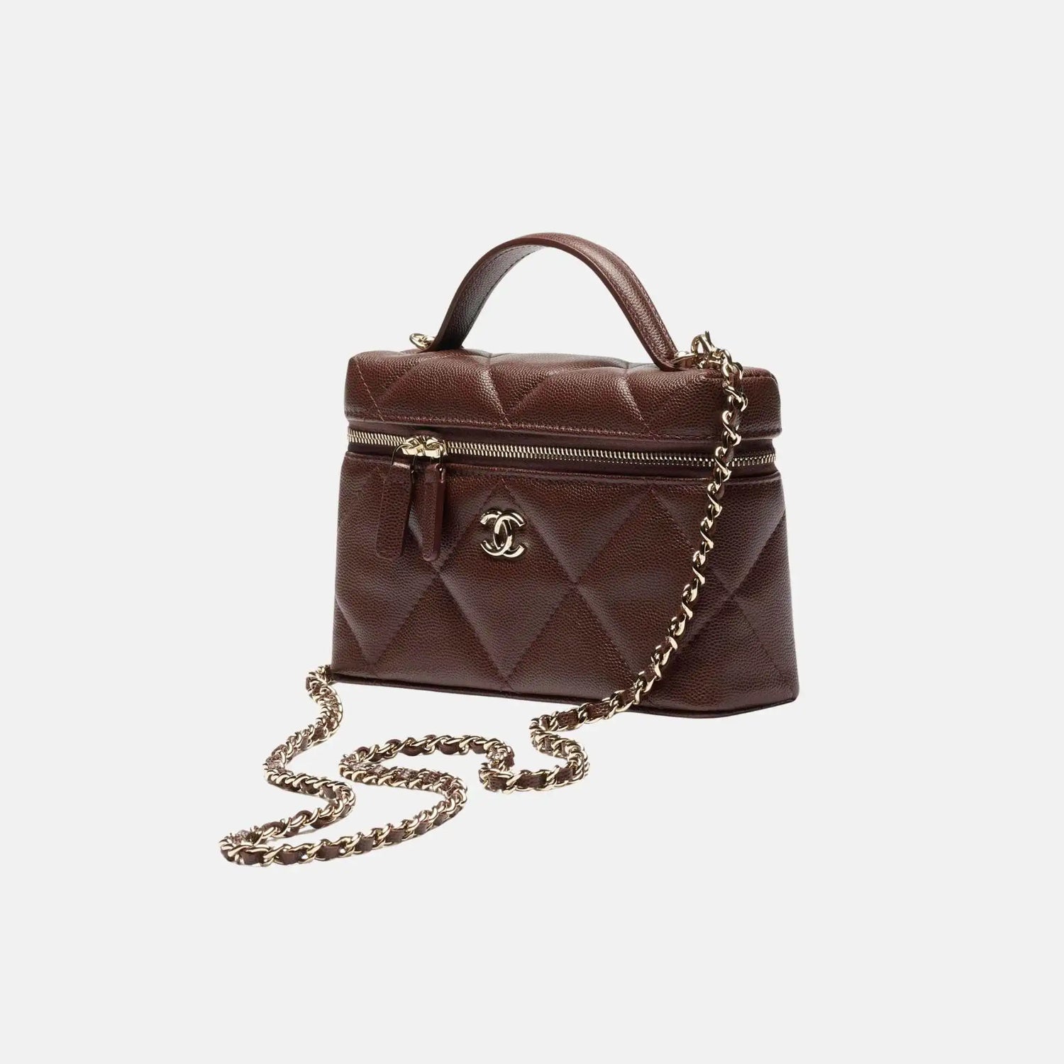 Chanel Vanity With Chain Grained Shiny Calfskin Dark Brown Gold Tone , Front