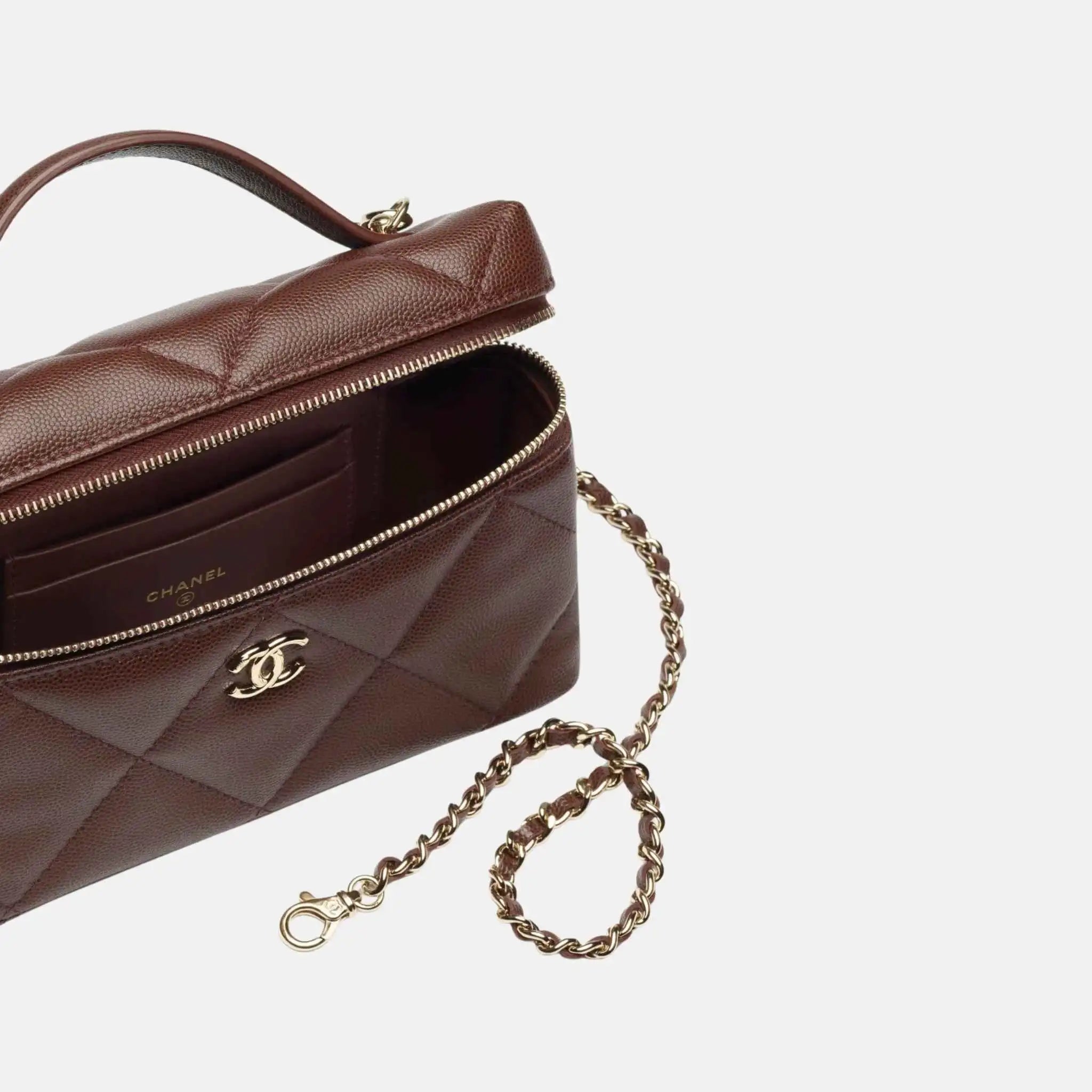 Chanel Vanity With Chain Grained Shiny Calfskin Dark Brown Gold Tone , Inside