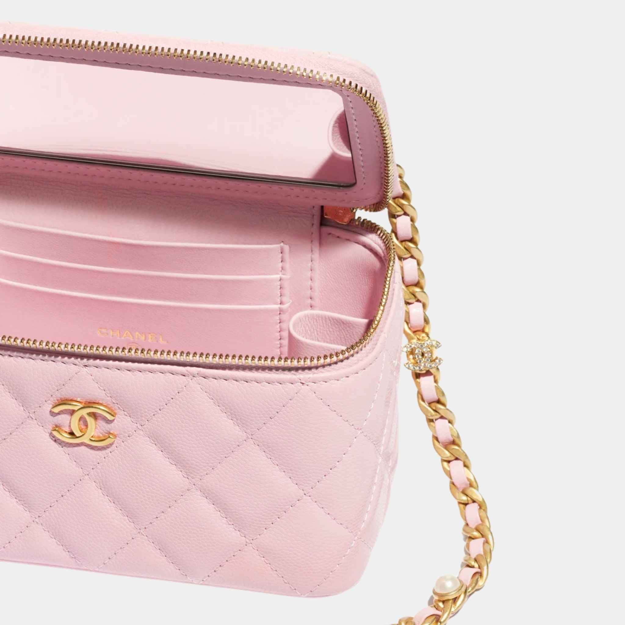 Chanel Vanity with Chain Grained Shiny Calfskin &amp; Gold-Tone Light Pink, Open