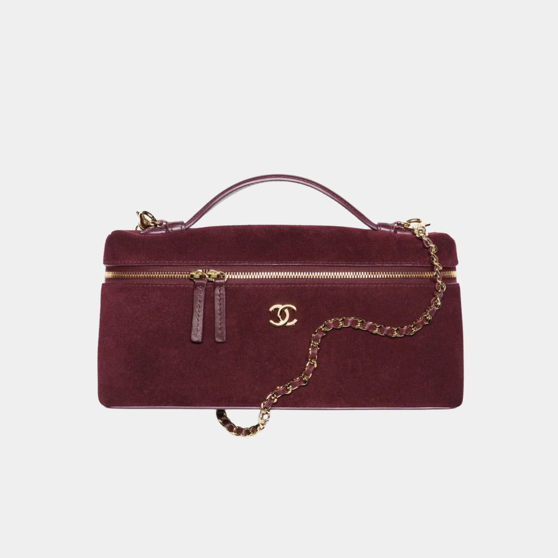 Chanel Vanity with Chain in Burgundy Suede Calfskin & Gold Metal, Front
