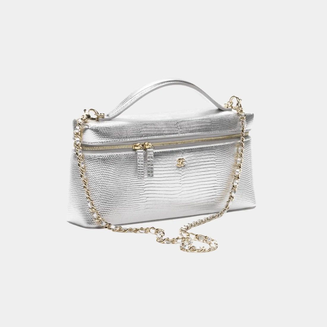 Chanel حقيبة فانيتي بسلسلة، جلد عجل بنقشة السحلية ومعدن بلون ذهبي، فضية، الجانب الأمامي
