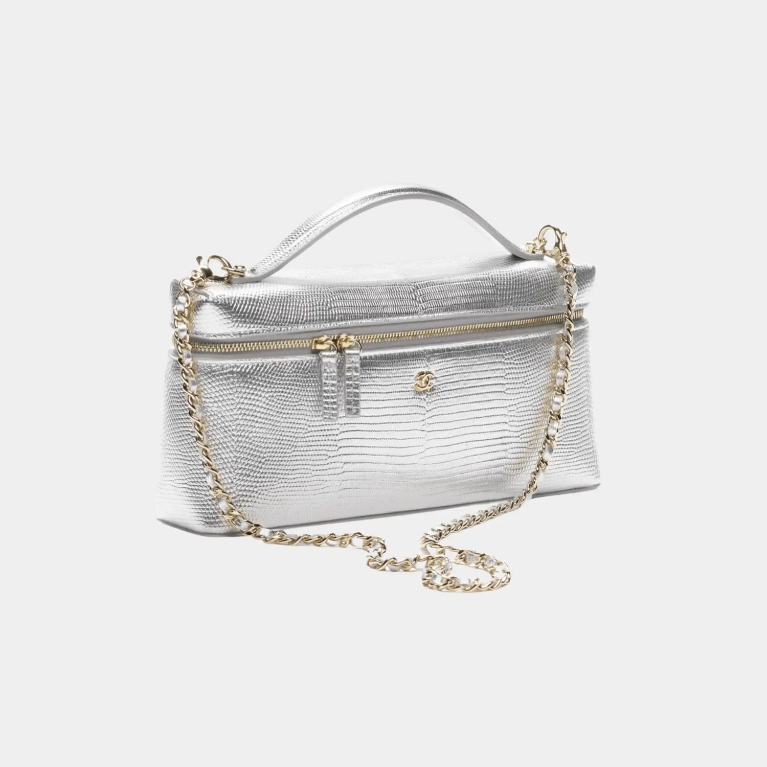 Chanel Vanity with Chain Lizard Embossed Calfskin &amp; Gold-Tone Metal, Silvery, Front Side