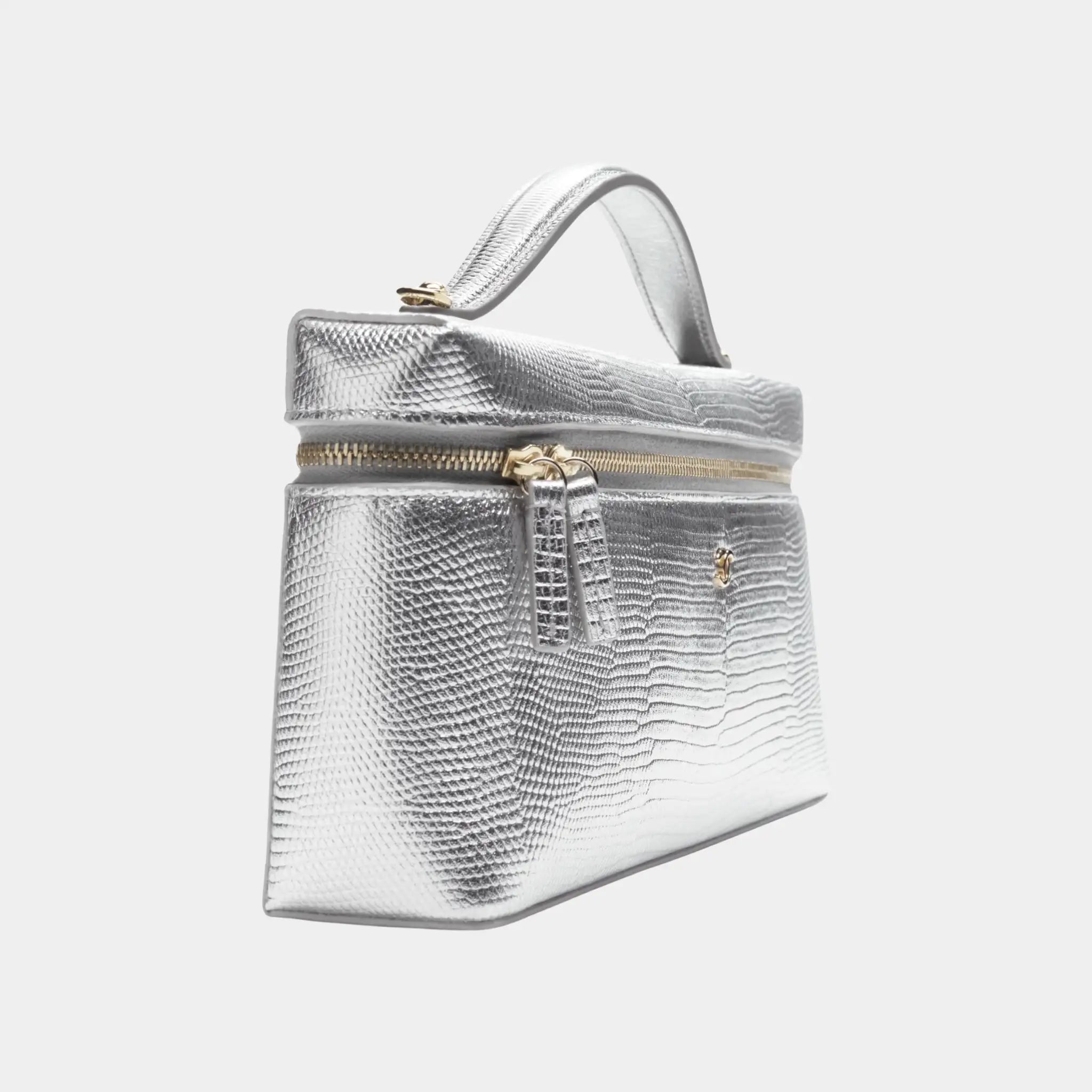 Chanel Vanity with Chain Lizard Embossed Calfskin &amp; Gold-Tone Metal, Silvery, Side