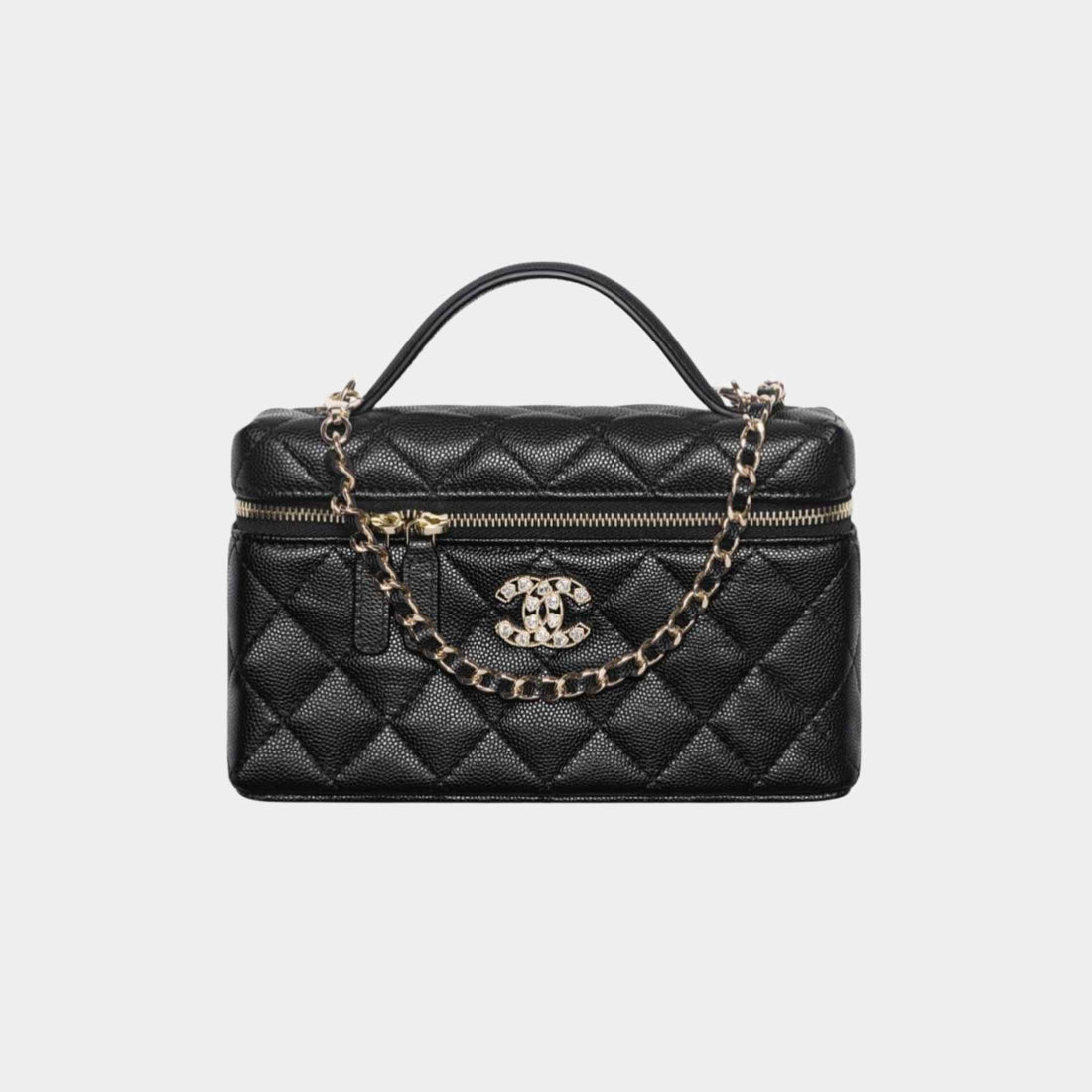 Chanel Vanity with Chain in Shiny Grained Calfskin and Strass, Black