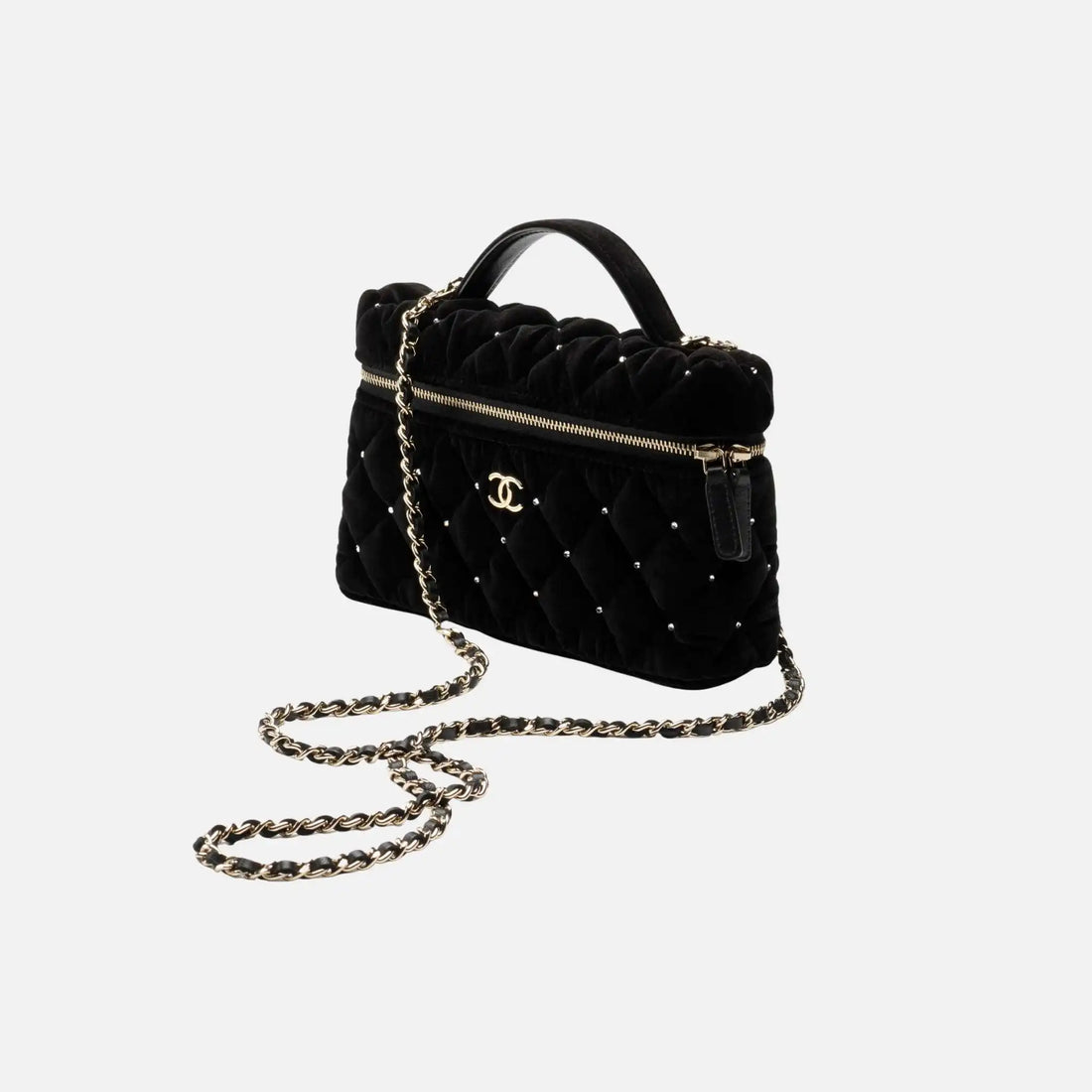 Chanel Vanity With Chain Velvet Diamante Gold Tone Metal, Front