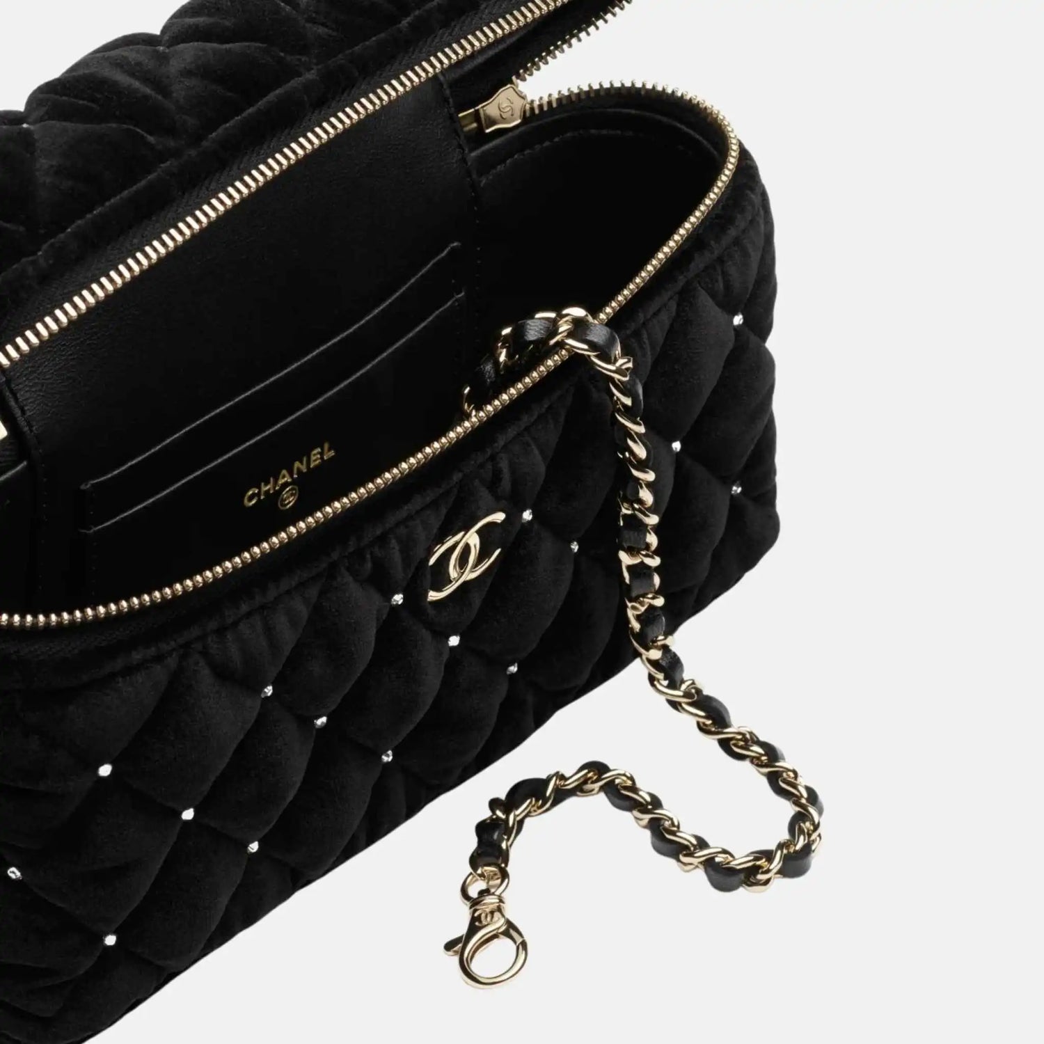 Chanel Vanity With Chain Velvet Diamante Gold Tone Metal, Inside