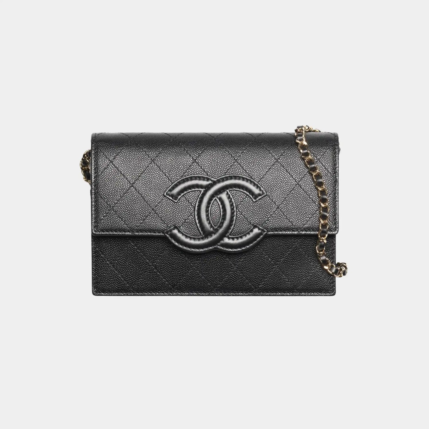 Chanel Wallet on Chain in Black Shiny Grained Calfskin &amp; Lambskin, Front