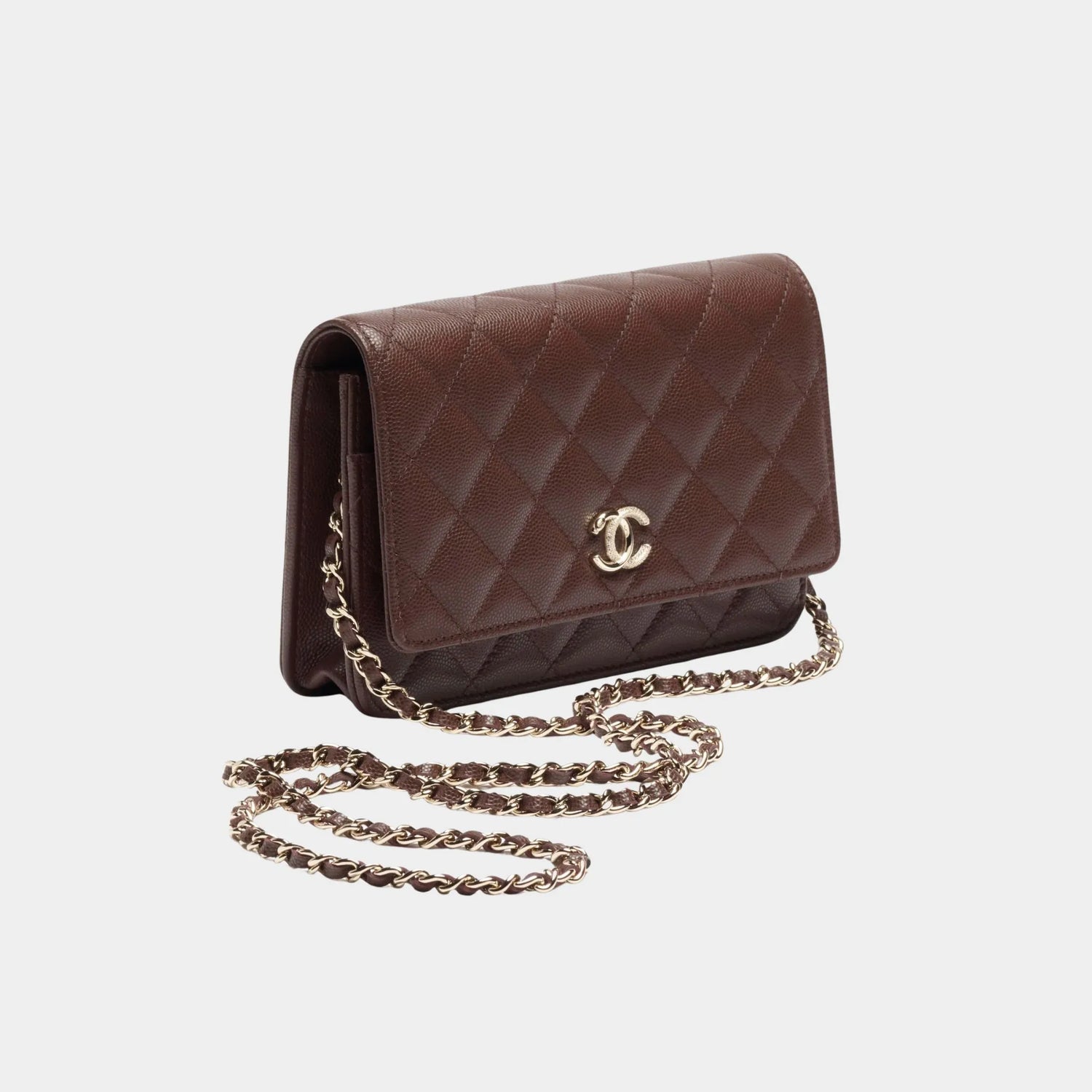 Chanel Wallet On chain Shiny Grained Calfskin Rhinestones &amp; Gold Metal Dark Brown, Front