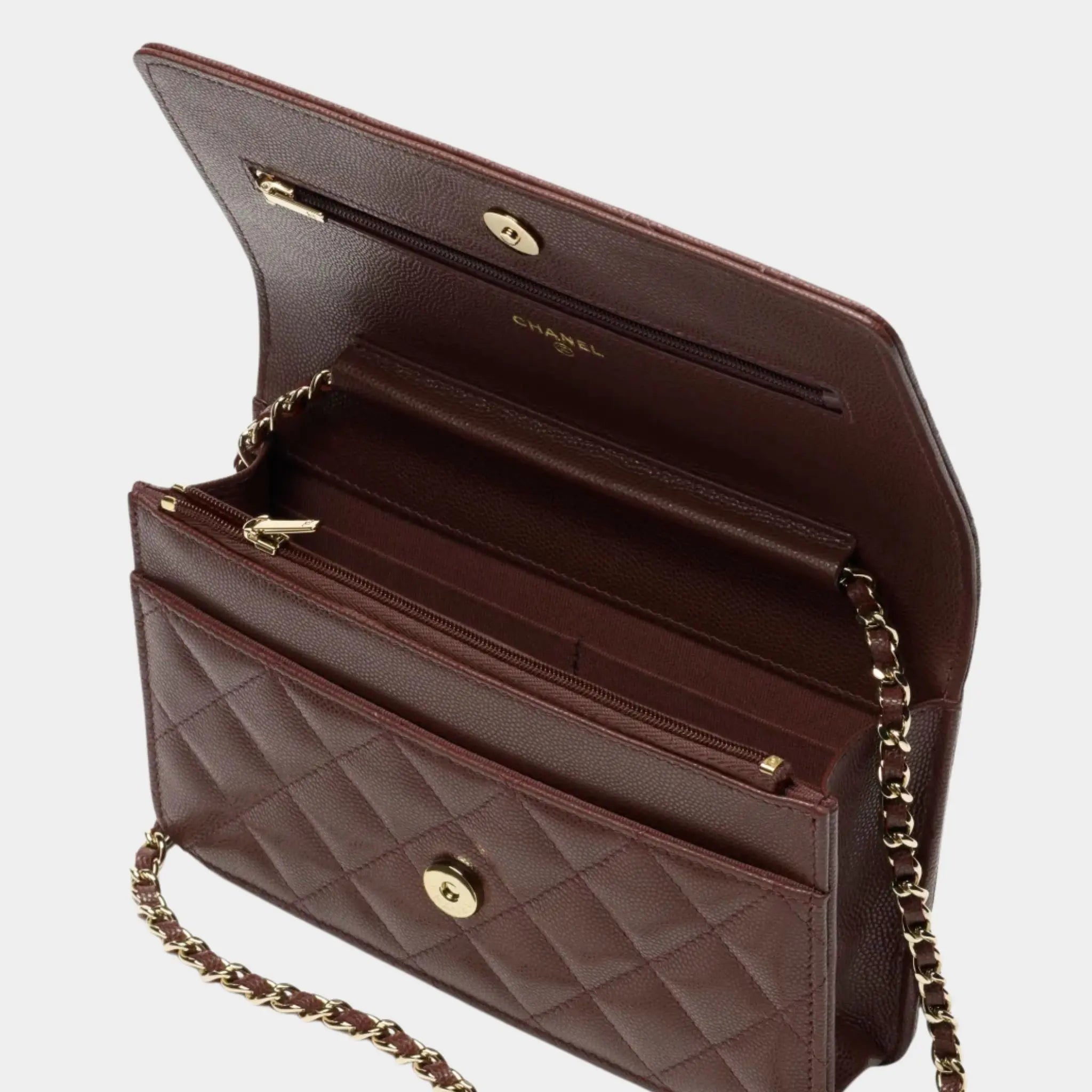 Chanel Wallet On chain Shiny Grained Calfskin Rhinestones &amp; Gold Metal Dark Brown, Interior
