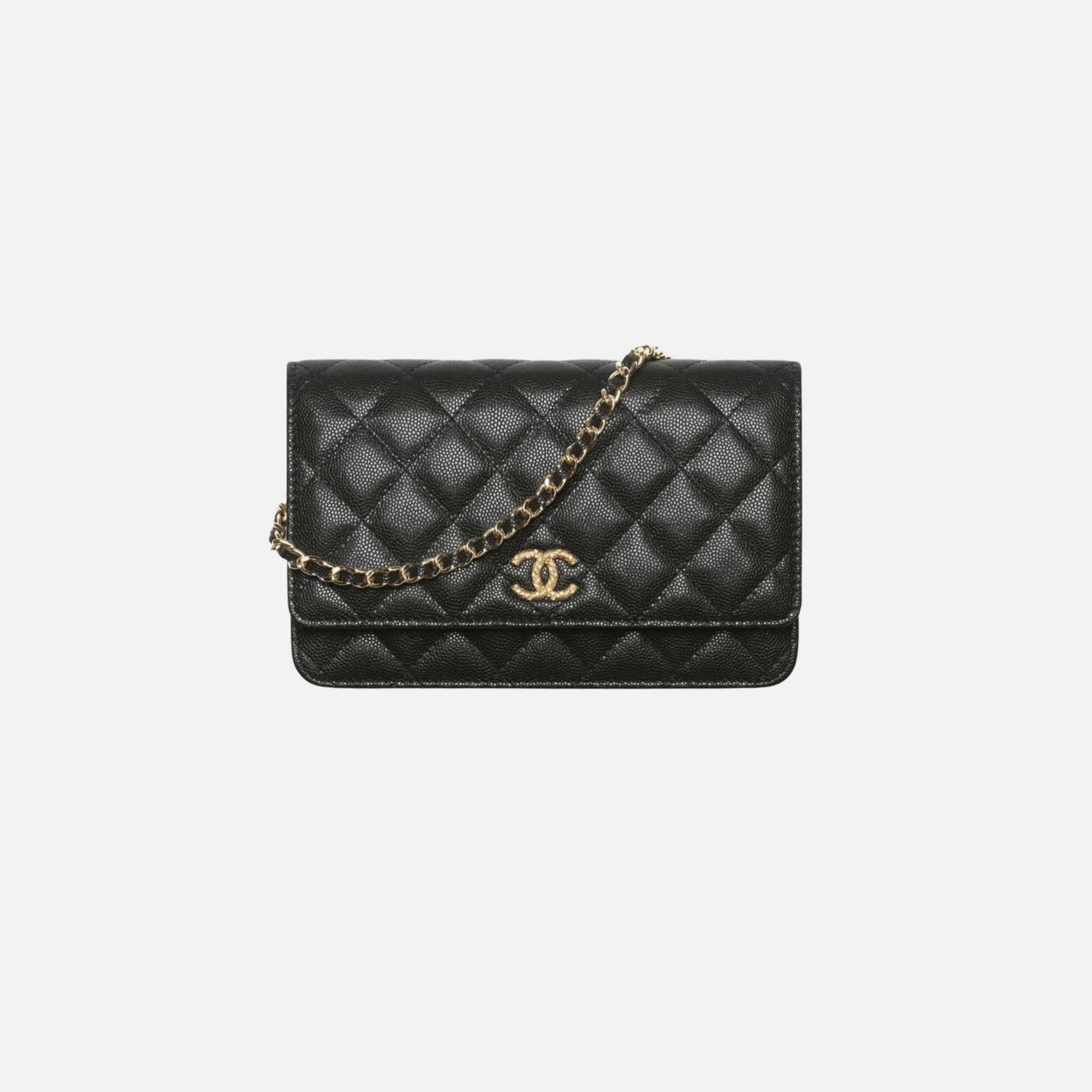 Chanel Wallet on Chain in Shiny Grained Calfskin Strass and Gold Tone, Black, Front