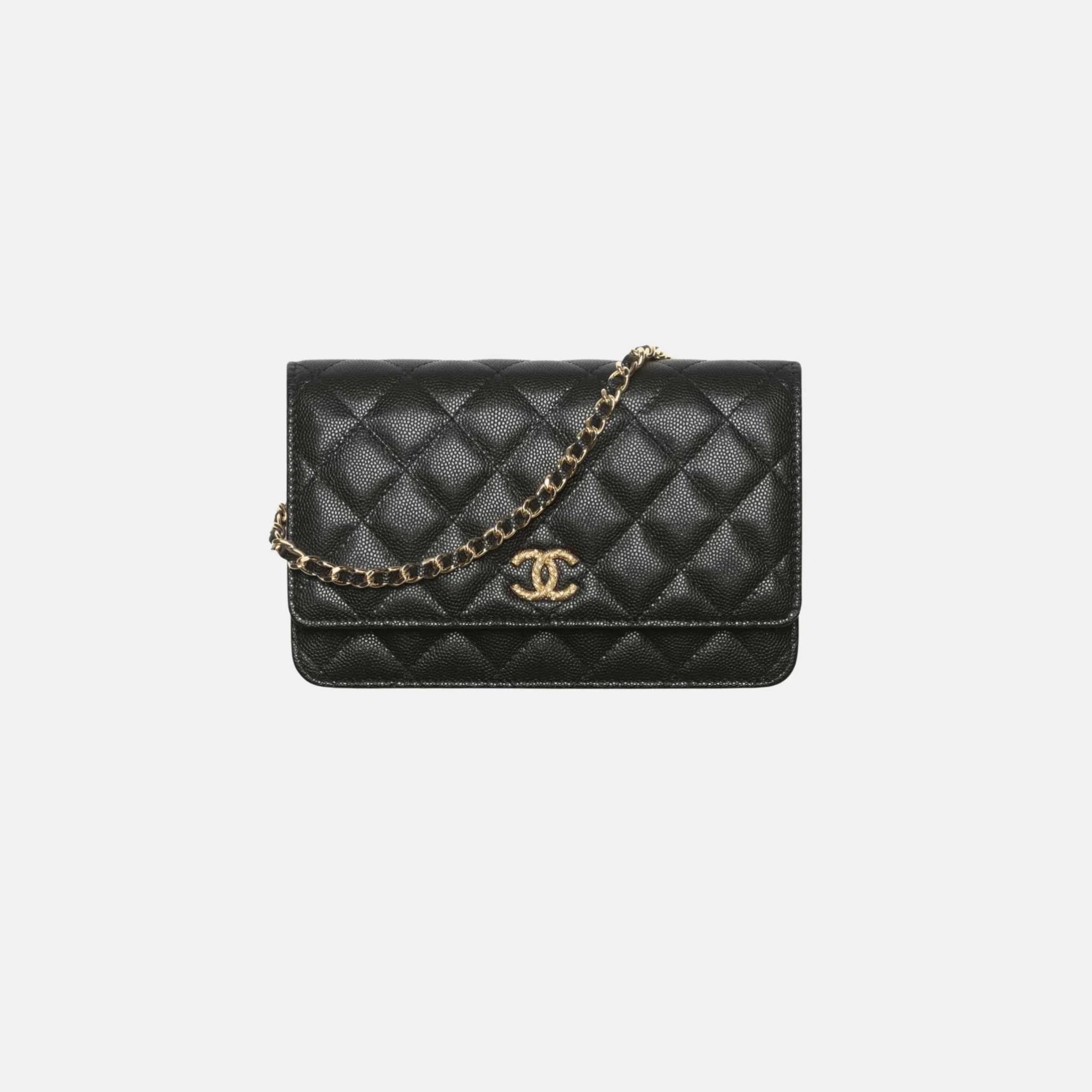 Chanel Wallet on Chain in Shiny Grained Calfskin Strass and Gold Tone, Black, Front