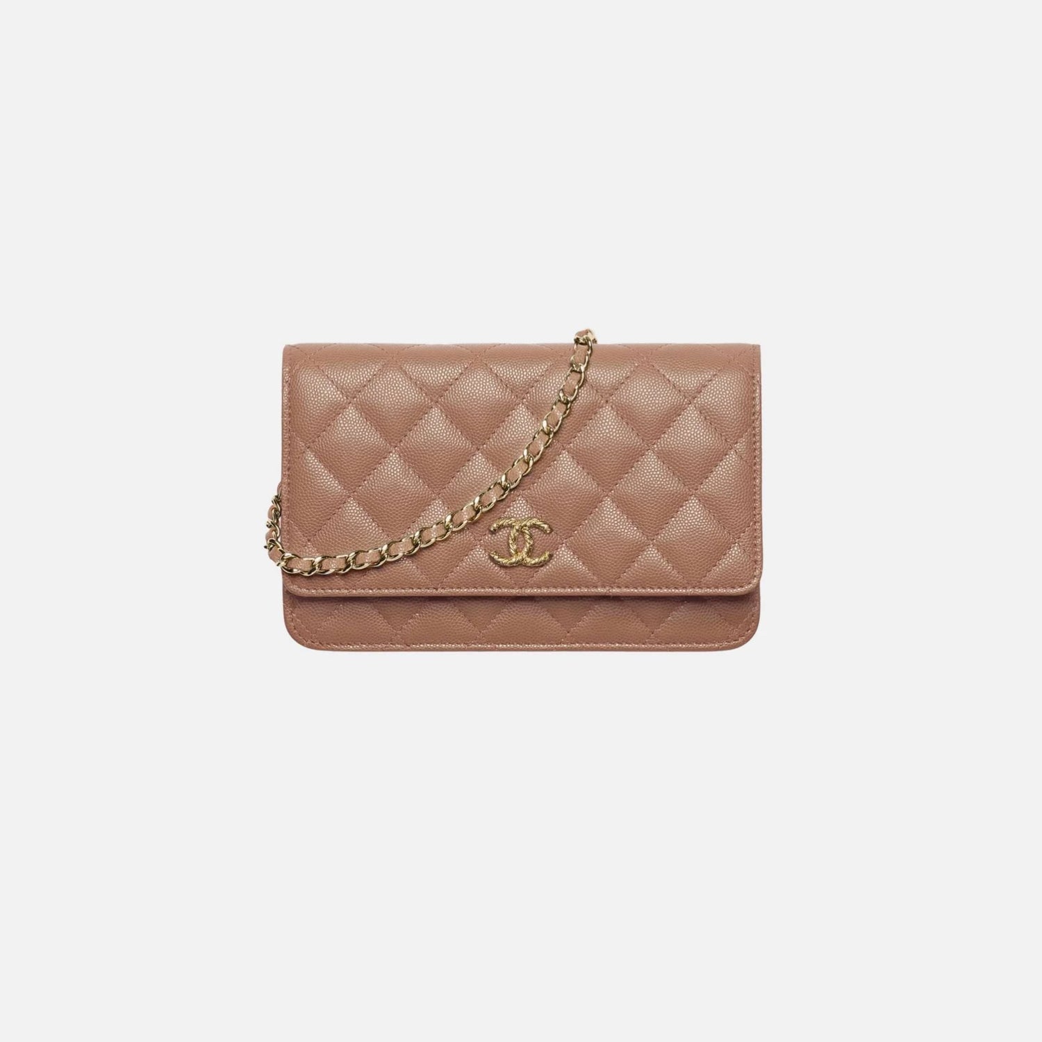 Chanel Wallet on Chain in Shiny Grained Calfskin Strass and Gold Tone, Brown, Front