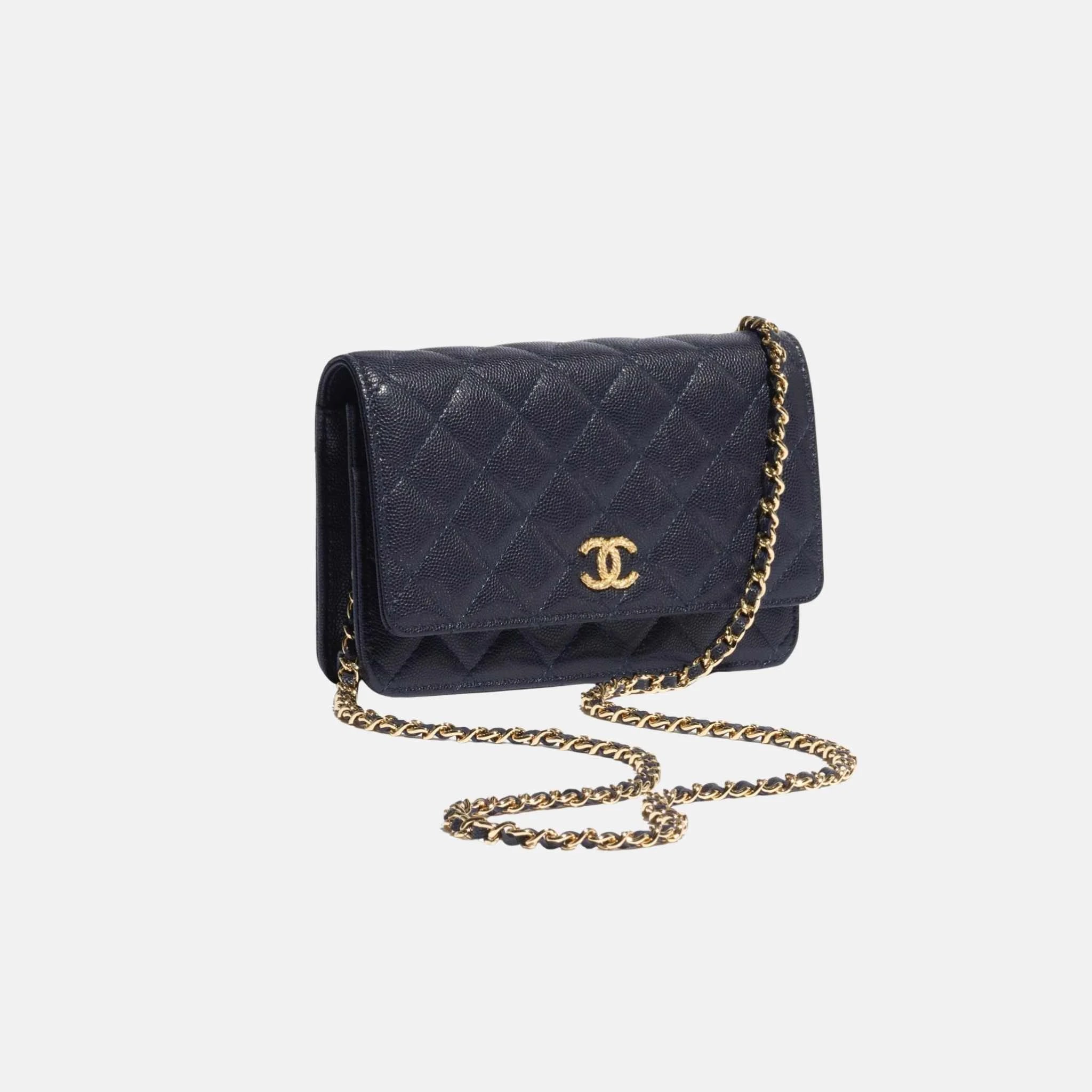 Chanel Wallet on Chain in Shiny Grained Calfskin Strass and Gold Tone, Dark Blue, Side