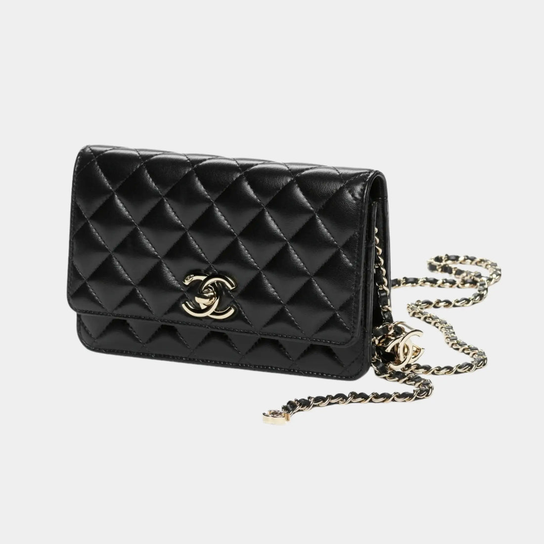 Chanel Wallet On Chain in Shiny Lambskin & Gold-Tone Metal, Black, Front