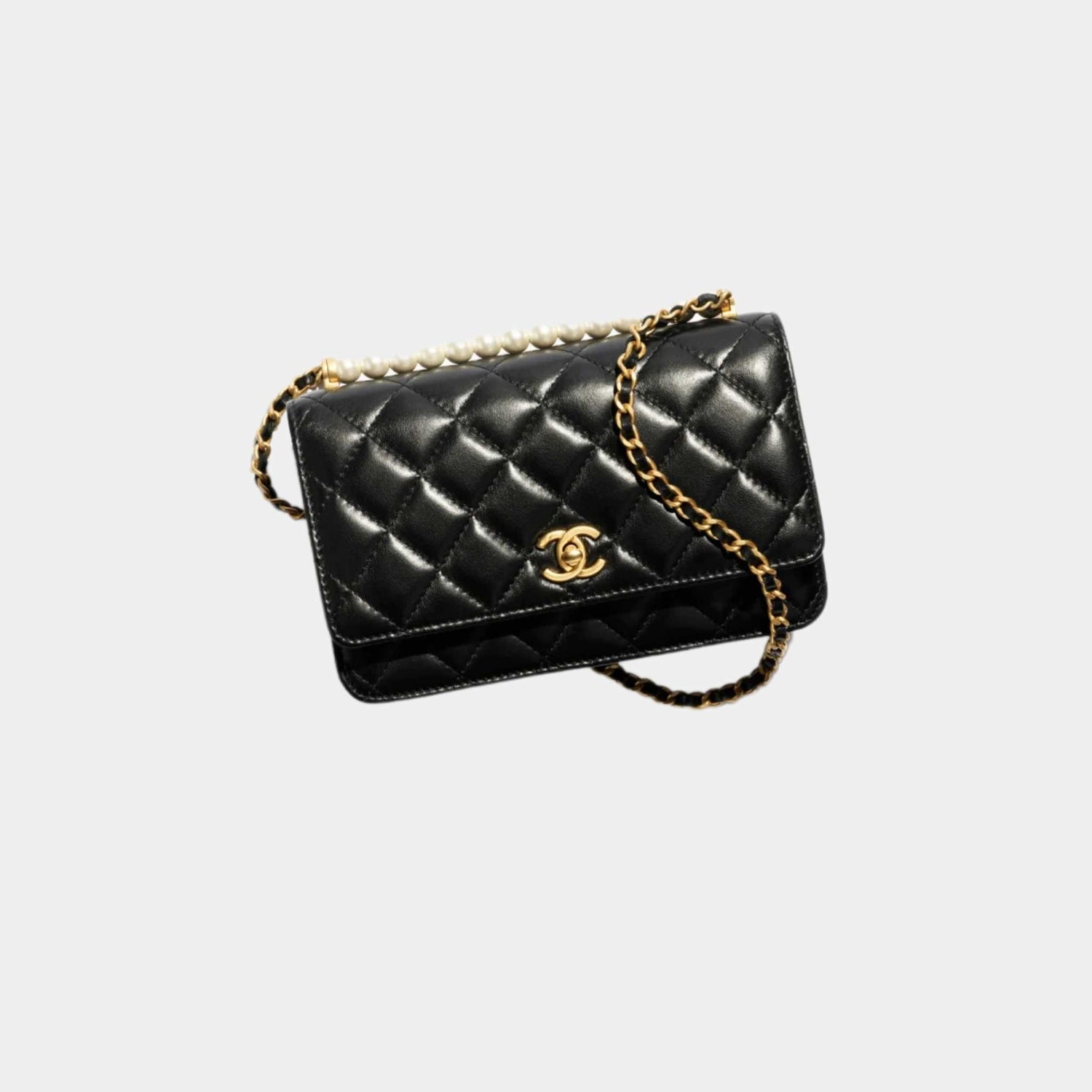 Chanel Wallet On Chain Shiny Lambskin Pearls &amp; Gold-Tone Metal Black, Front