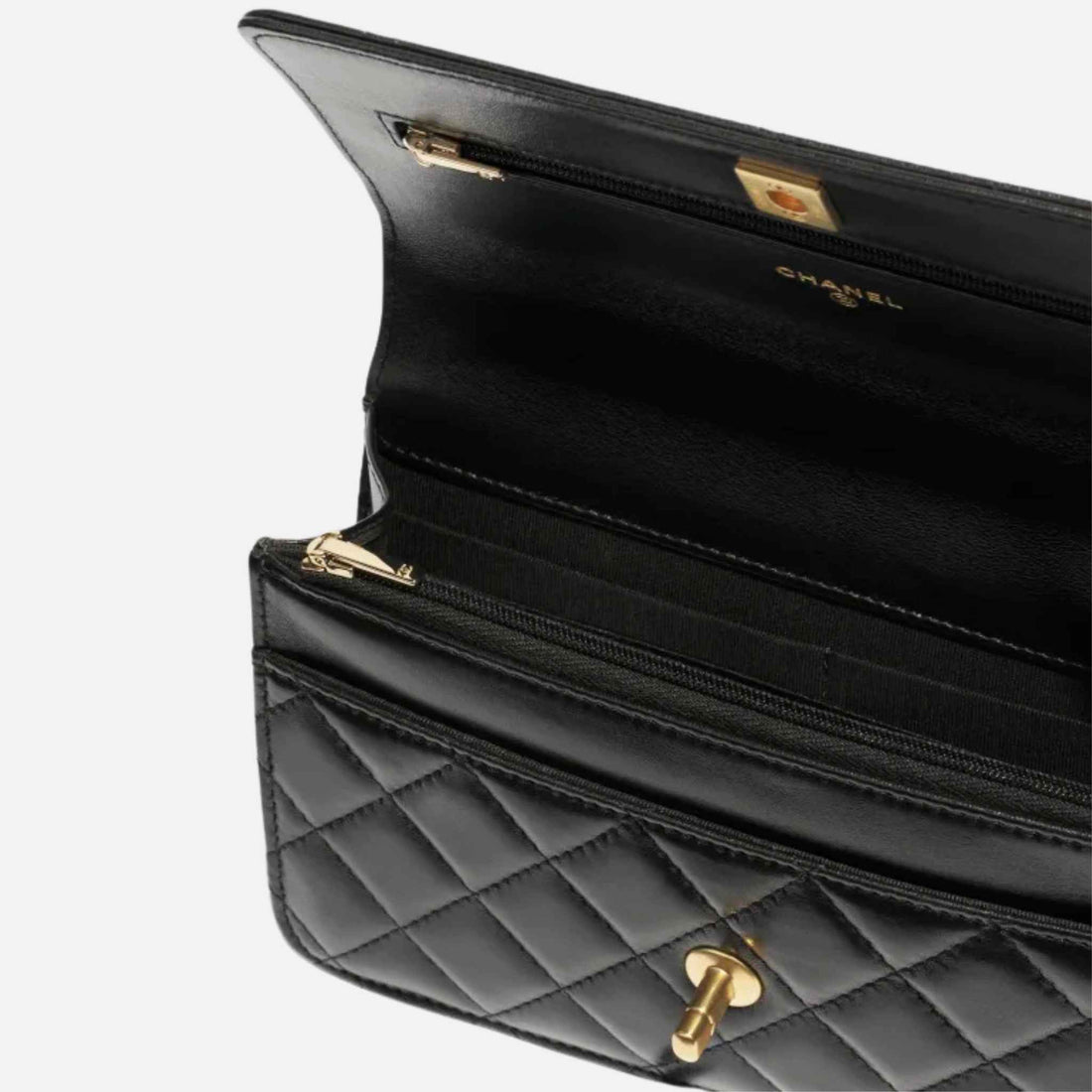 Chanel Wallet On Chain Shiny Lambskin Pearls & Gold-Tone Metal Black, Inside