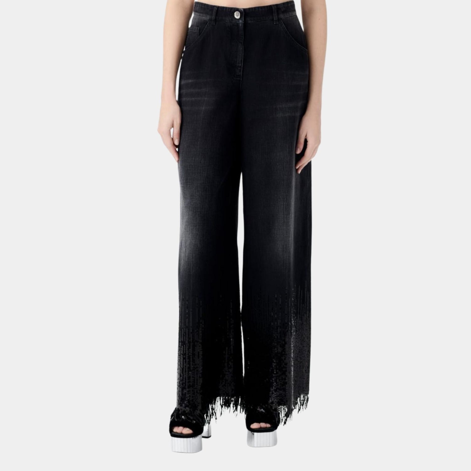Chanel Washed Black Denim Jeans Embroidered with Sequins, Front