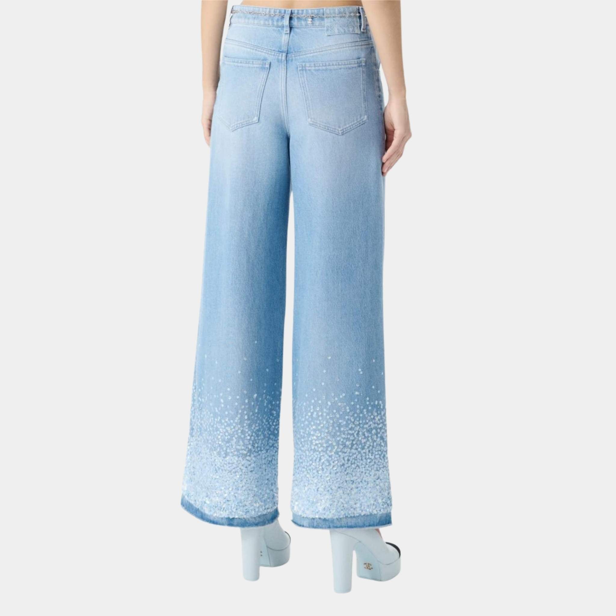 Chanel Washed Blue Denim Jeans Embroidered with Sequins, Back