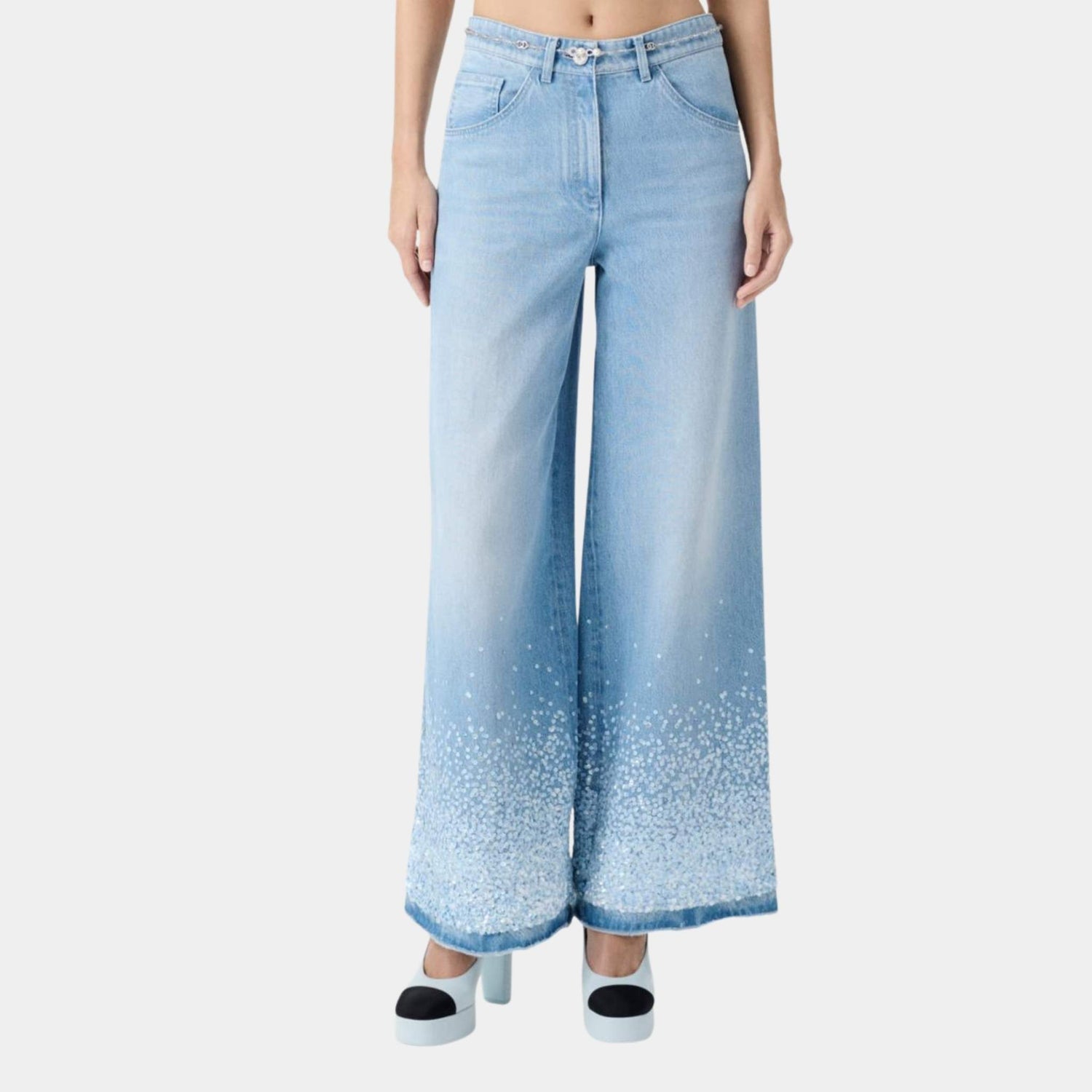 Chanel Washed Blue Denim Jeans Embroidered with Sequins, Front