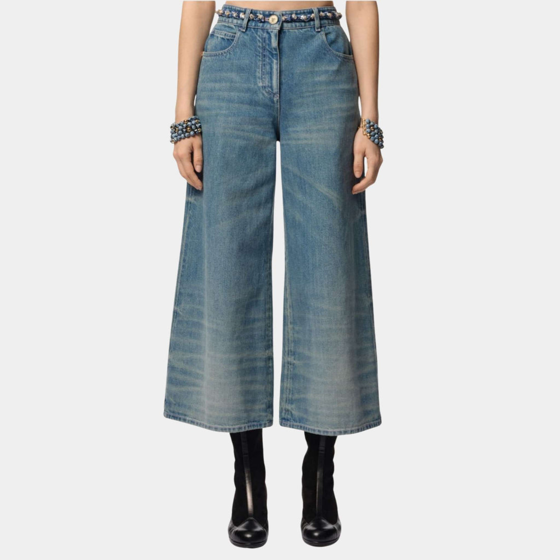 Chanel Washed Out Blue Denim Wide-Leg Cropped Jeans, Front