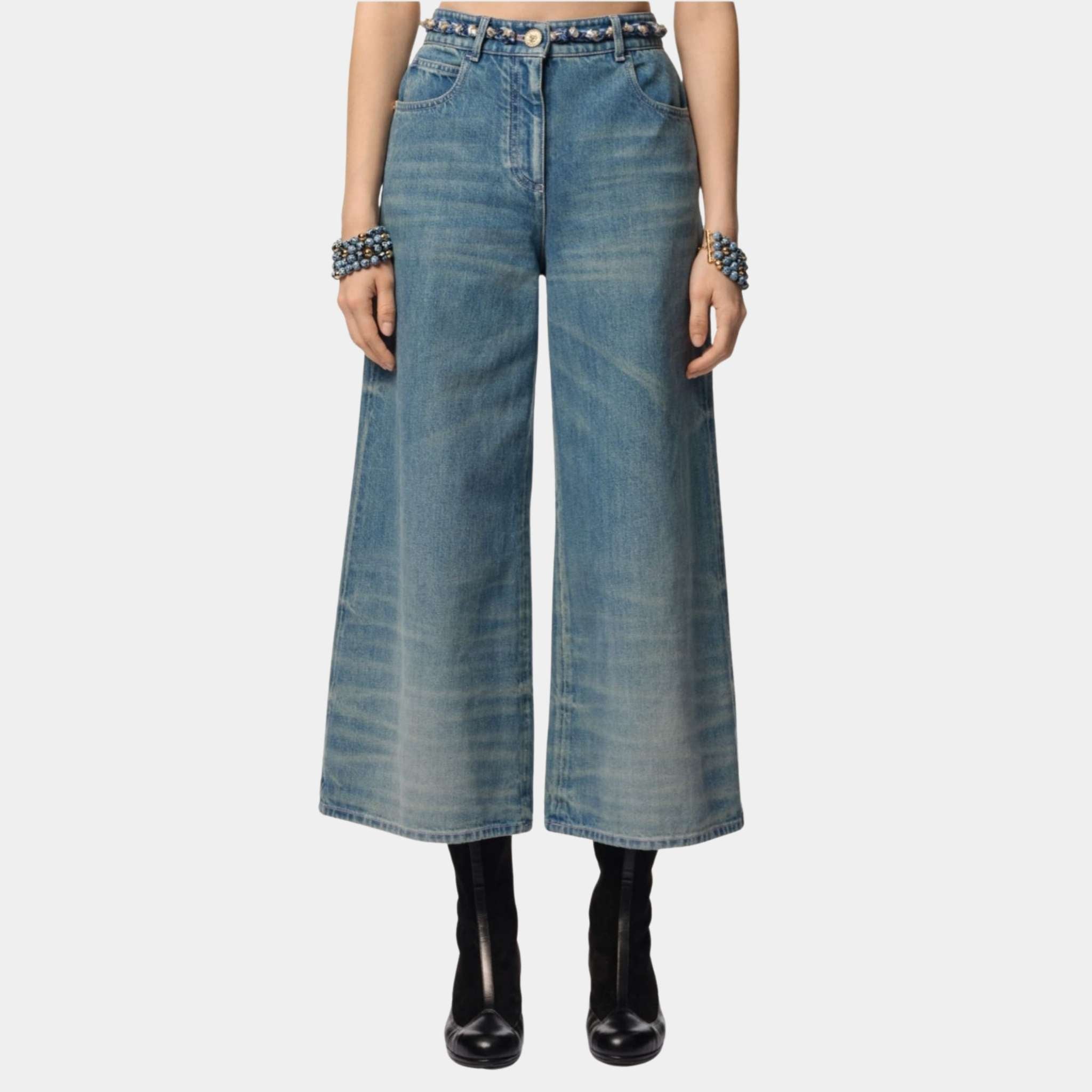Chanel Washed Out Blue Denim Wide-Leg Cropped Jeans, Front