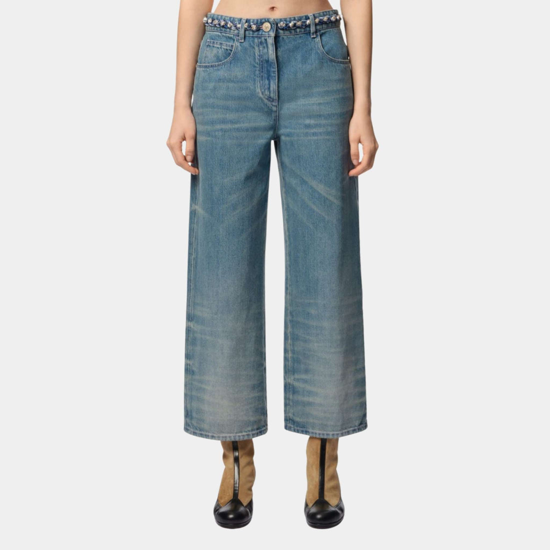 Chanel Washed Out Blue Denim Wide-Leg Denim Jeans, Front